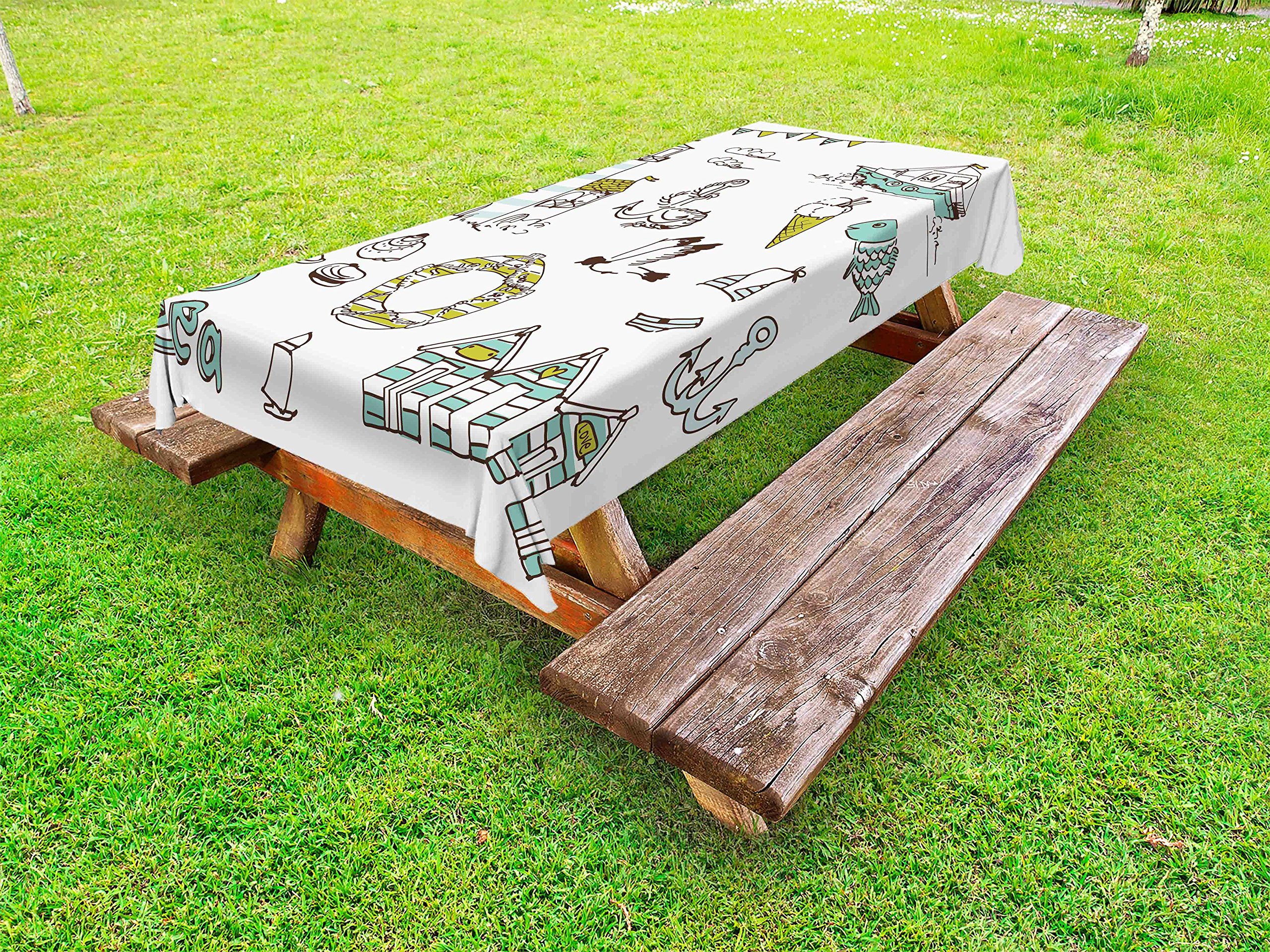 Ambesonne Waterproof Outdoor Tablecloth - Nautical Theme with Fish, Lighthouse, Anchor & Seagulls Print - Washable Picnic Table Cover 58x104 Inches in Pale Green & Yellow - Perfect for Beach Parties, Backyard BBQs & Coastal Dining Decor