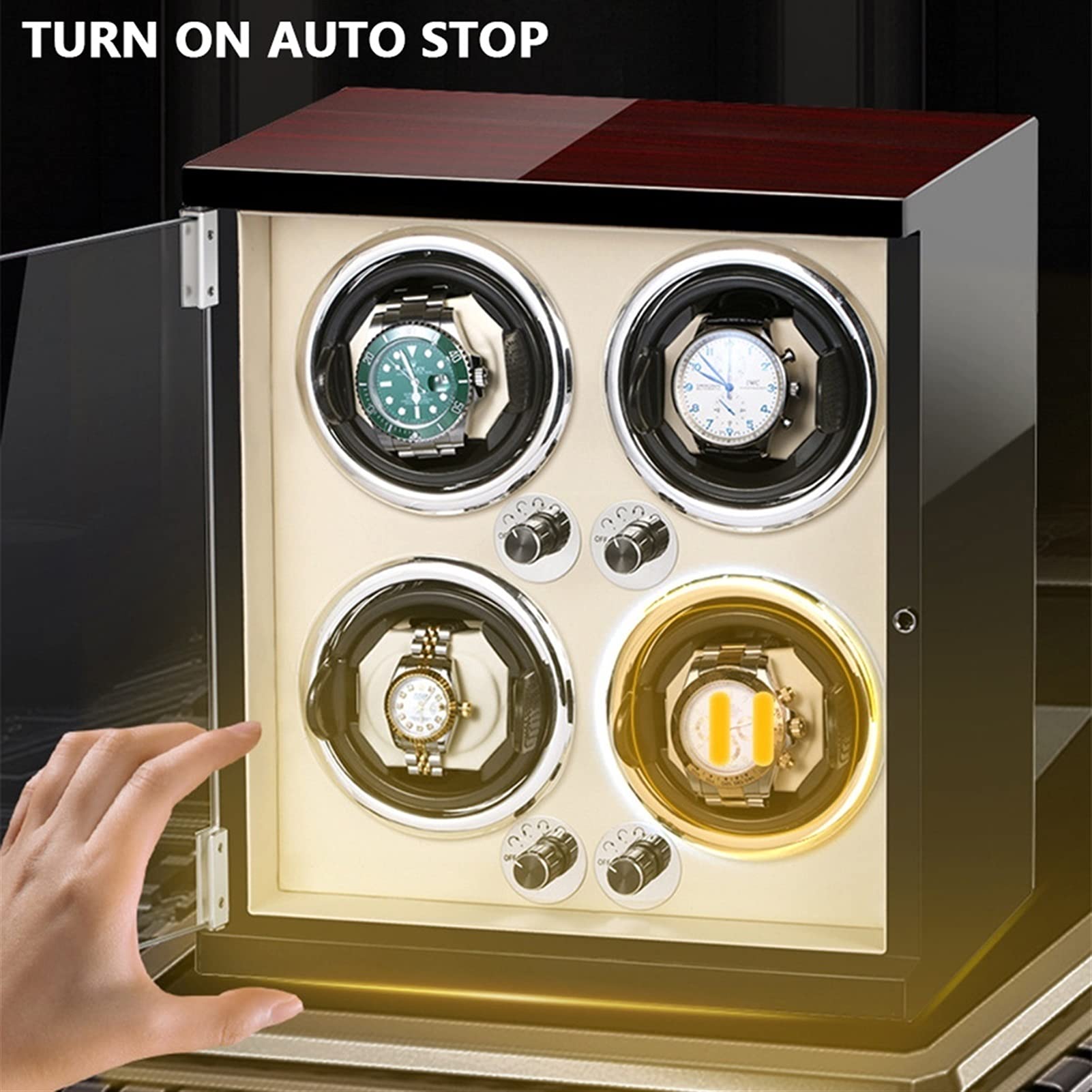4 Automatic Watch Winder Display Box with LED Lights & Quiet Japanese Mabuchi Motor - Adjustable Watch Pillows for Men & Women - Perfect for Watch Collection Storage & Display at Home/Office