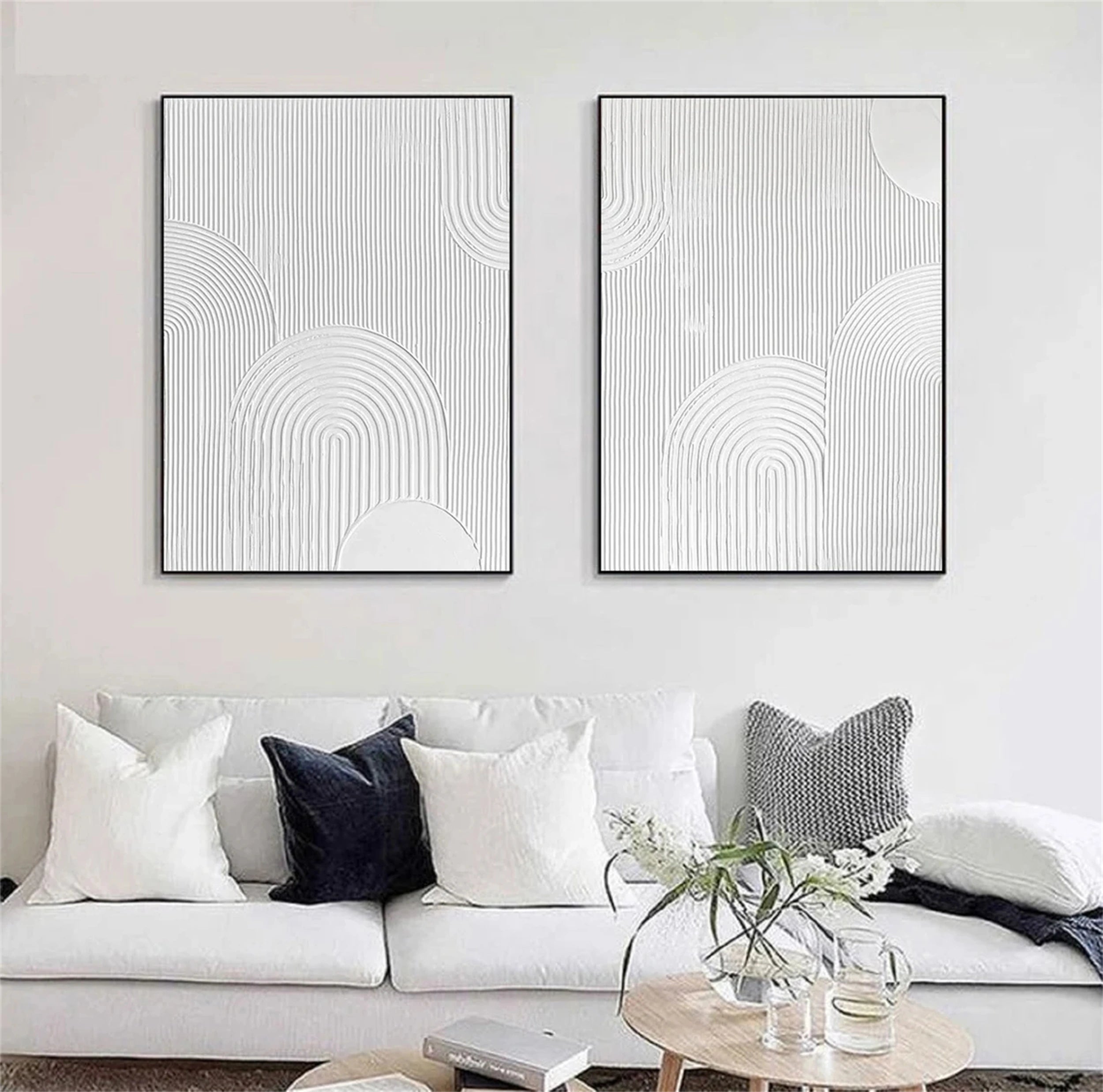 Modern White Minimalist Textured Canvas Wall Art Set of 2 - Abstract Handmade Paintings for Living Room & Bedroom Decor #MM150