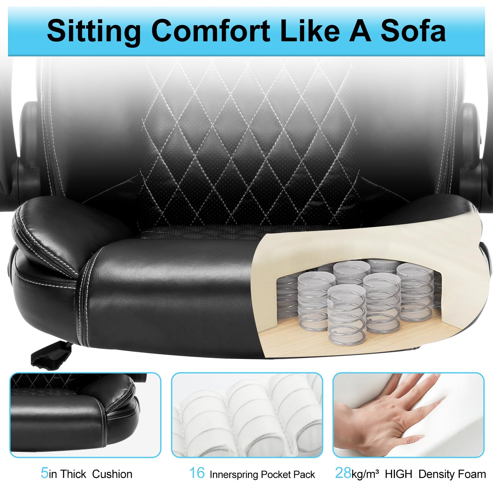 Ergonomic High Back Office Chair - Adjustable Lumbar Support & Flip-Up Arms PU Leather Desk Chair with Spring Cushion for Home Office, Gaming & Computer Workstation