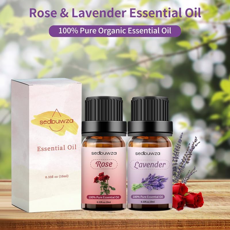 Sedbuwza Rose & Lavender Essential Oil Set - 2 x 10ml Pure Aromatherapy Oils for Diffusers, Massage, Candle Making, Soap & Relaxation - Floral Scented Therapeutic Grade Essential Oils for Home Spa, Yoga & Stress Relief