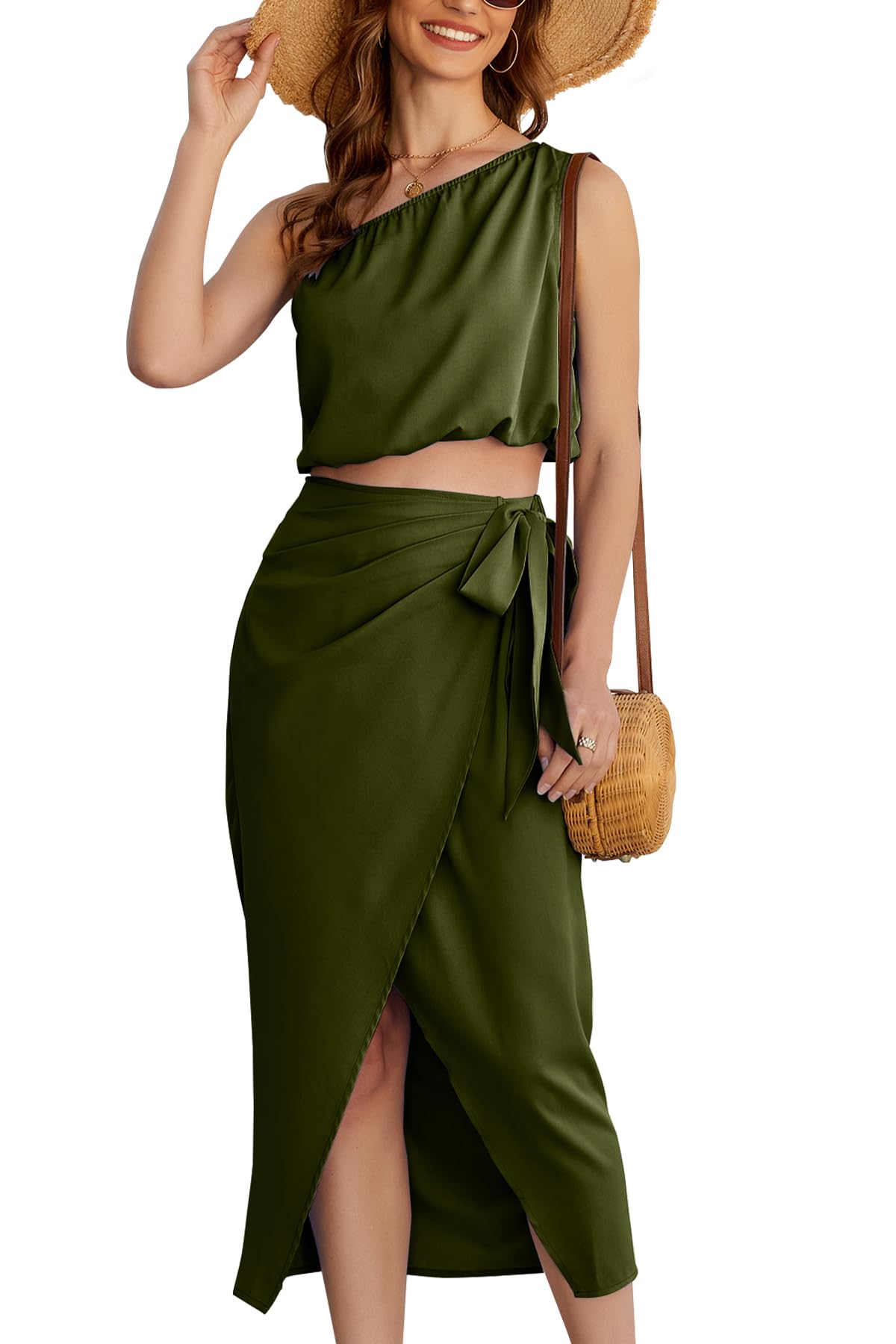 JULYCLO Women's One-Shoulder Sleeveless Skirt Set - High Waist Split Dress 2 Piece Outfit in Green | Summer Casual Fashion | Perfect for Beach, Party & Date Night | Size Small