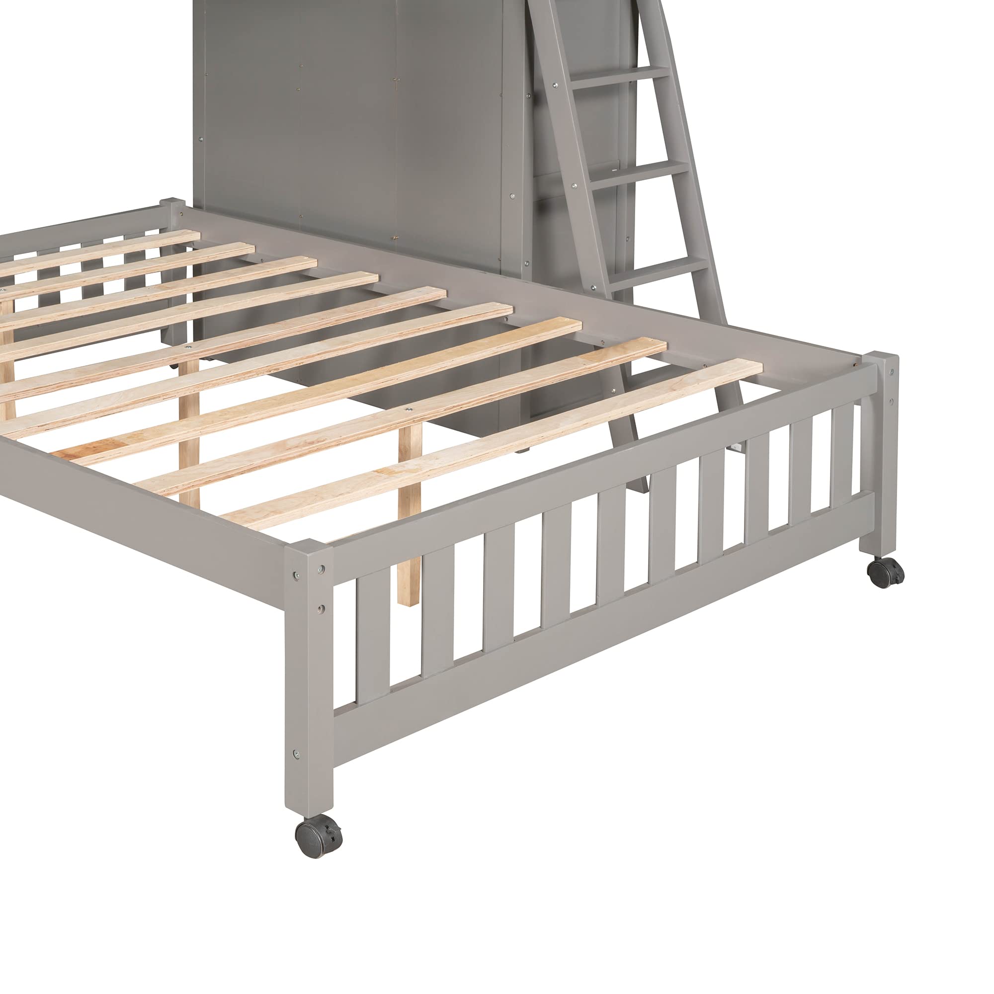 Twin Over Full Bunk Bed with 6 Drawers, Flexible Shelves & Wheels - Sturdy Wooden Bunk Bed for Kids, Teens & Adults - Space-Saving Bedroom Furniture for Small Rooms, Dorms & Guest Rooms (Grey)