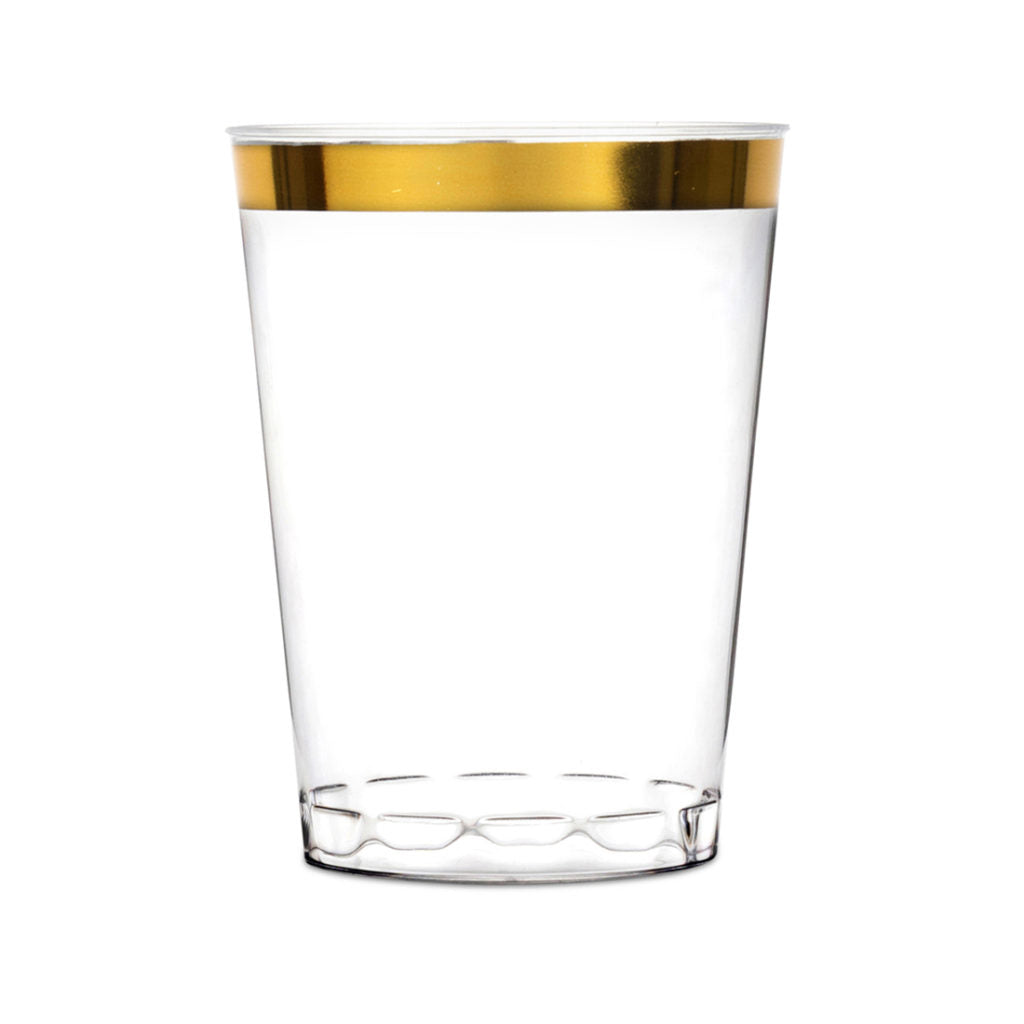 50 Pack 8 oz Plastic Round Tumblers with Gold Rim - Elegant Disposable Cups for Parties, Weddings, and Events - BPA-Free Drinkware for Cocktails, Iced Coffee, and Beverages