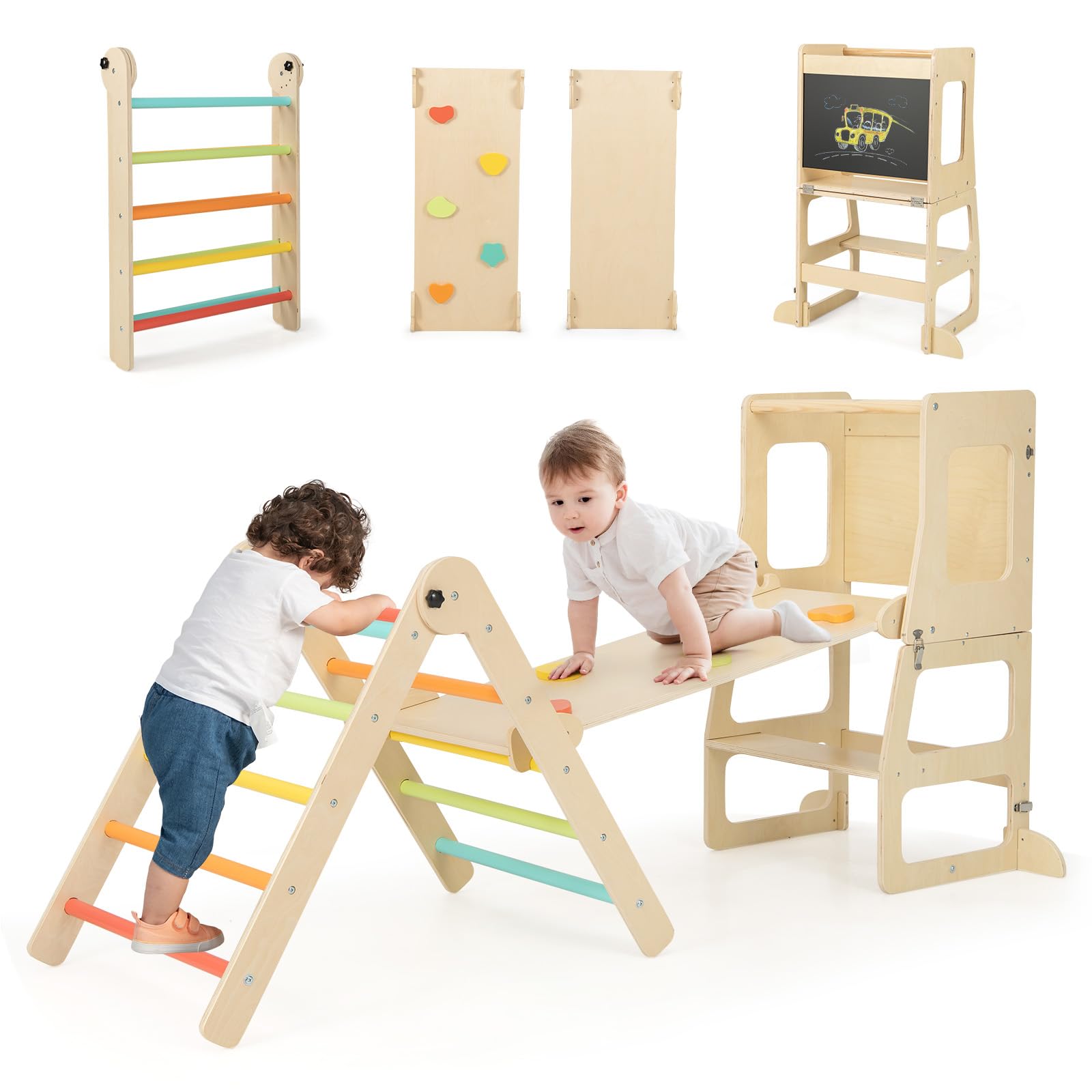 OLAKIDS 7-in-1 Foldable Wooden Pikler Montessori Climber Set for Toddlers - Adjustable Angle Ladder, Ramp, Slide & Toddler Tower - Indoor Jungle Gym Playset for Home Playrooms, Daycares & Montessori Classrooms