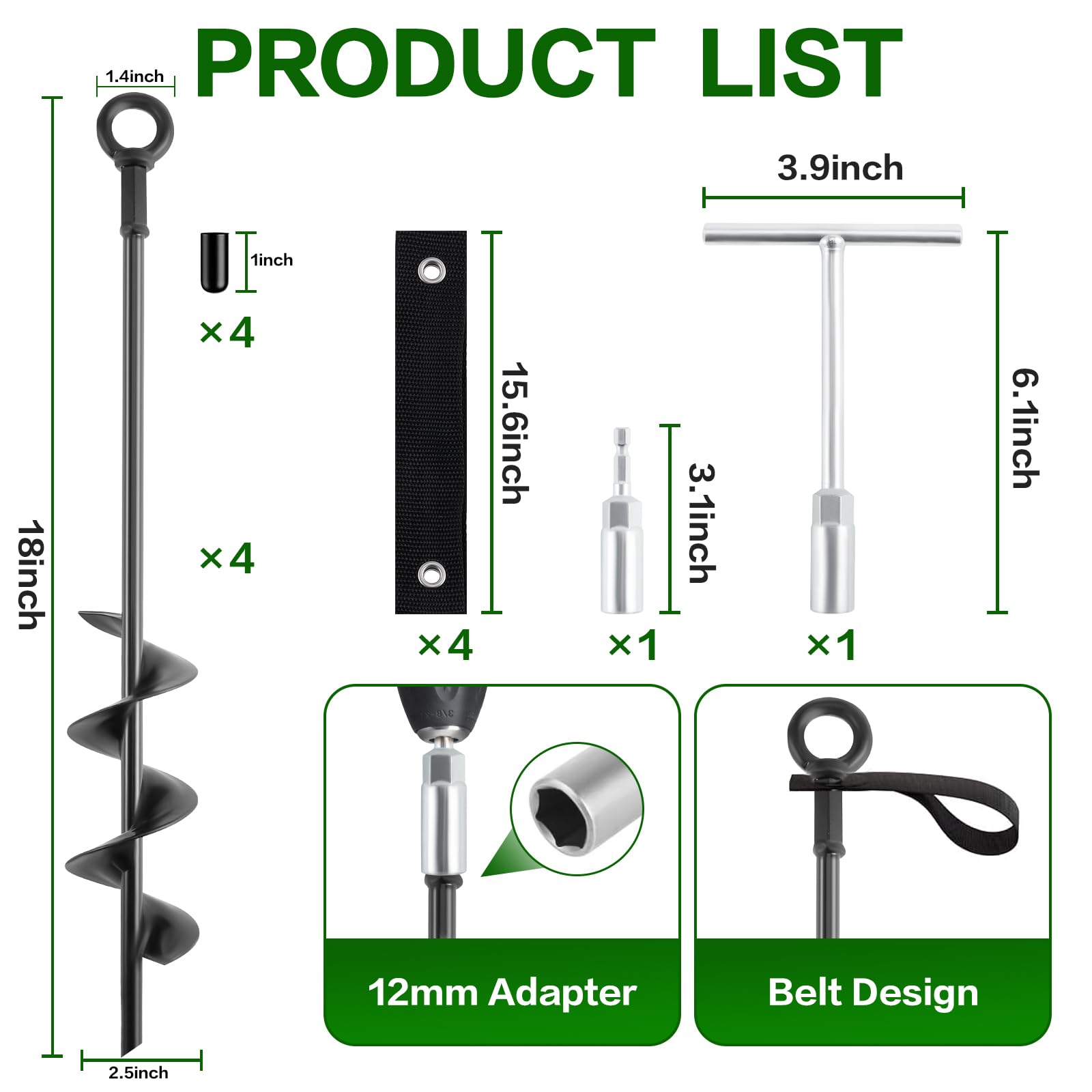 18-Inch Heavy Duty Screw-In Ground Anchors (4 Pack) - Trampoline Anchors & Stakes for High Winds with Wrenches & Straps - Secure Swing Sets, Sheds, Camping Tents, Canopies & Mobile Homes - Perfect for Storm Protection and Outdoor Stability