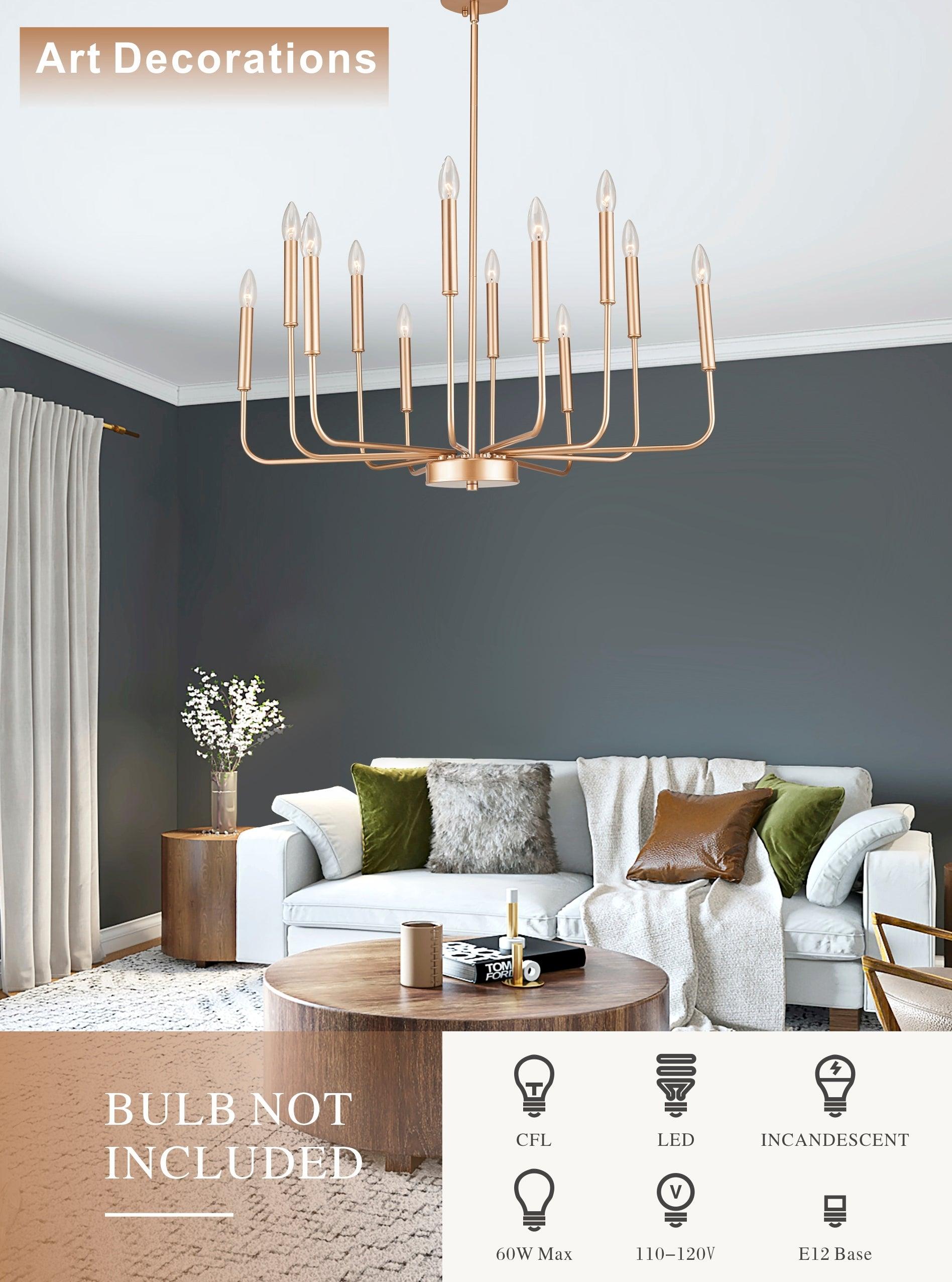 12-Light Modern Gold Farmhouse Iron Chandelier with Adjustable Height - E12 Bulb Classic Candle Hanging Pendant Light Fixture for Living Room, Dining Room, Kitchen Island, Bedroom & Foyer - Rustic Elegant Ceiling Lighting for Home Decor