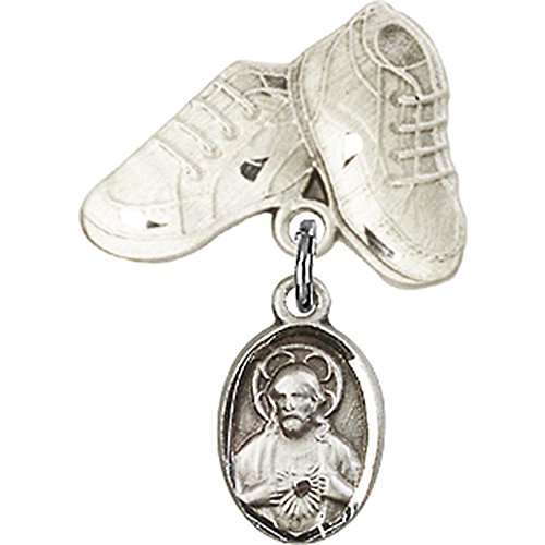 925 Sterling Silver Baby Badge with Scapular Charm & Bootie Pin - 1 x 5/8 Inch - Perfect for Christening Gifts, Baby Showers & First Communion Keepsakes