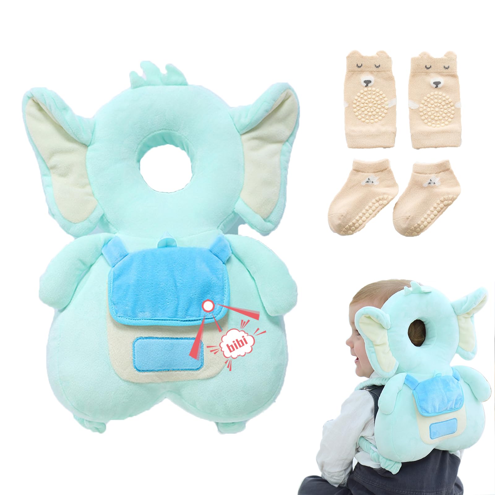 Baby Head Protector Backpack with Soft Pillow - Anti-Fall Safety Gear for Crawling & Walking Infants | Includes Knee Pads & Non-Slip Socks | Perfect Baby Shower Gift (Elephant Design) - Ideal for Home Playtime, Daycare & Outdoor Adventures