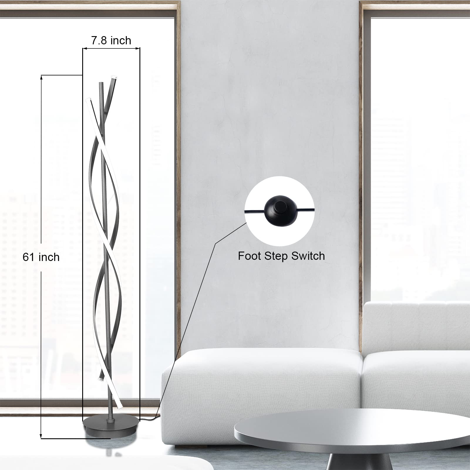 61-Inch Tall 60W DNA Spiral LED Floor Lamp - Modern Nordic Style Standing Light with Remote Control (3 Color Temperatures, Black) | Perfect for Living Room, Bedroom & Office Lighting Decor