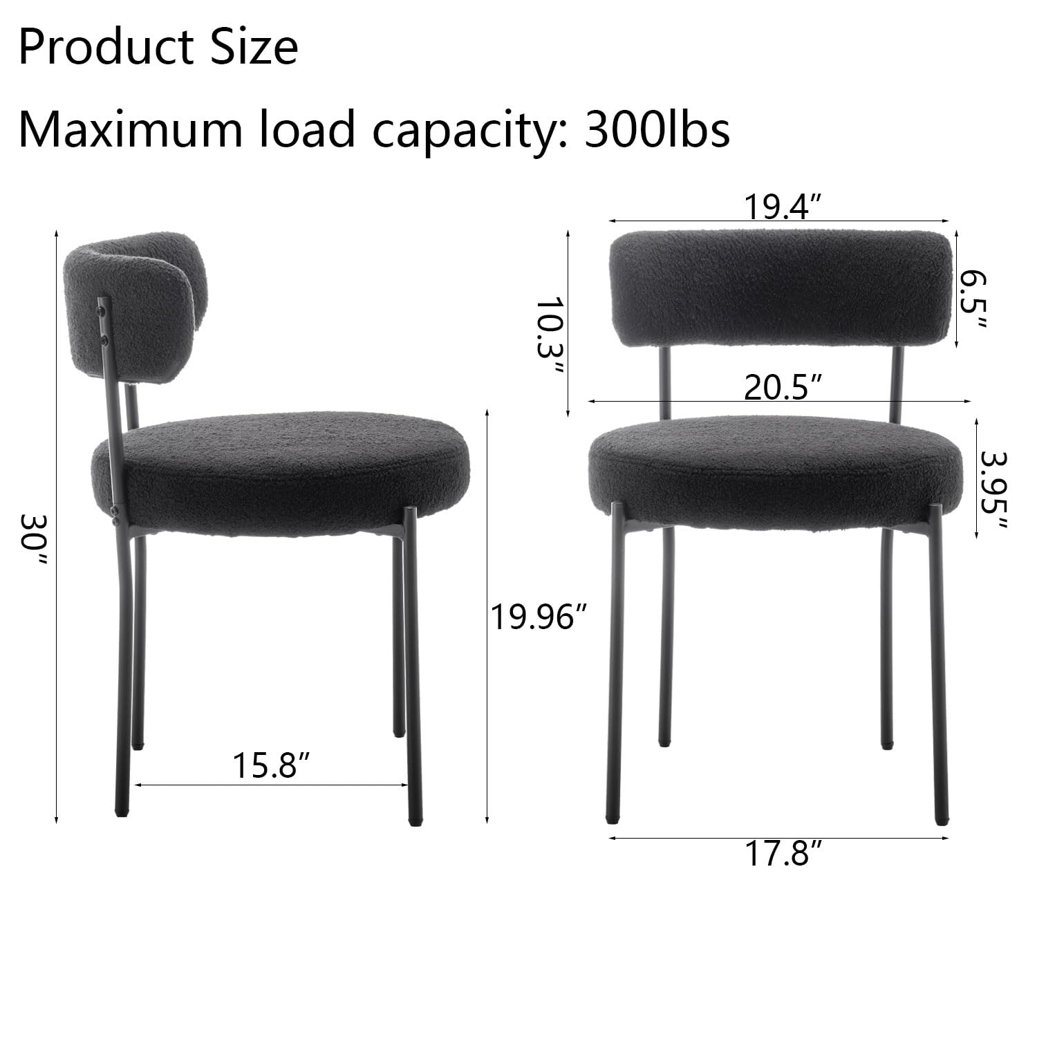 Boucle Dining Chairs Set of 4 - Round Upholstered Modern Chairs with Black Metal Legs for Dining Room, Kitchen, Living Room, Office, and Small Spaces (Black)