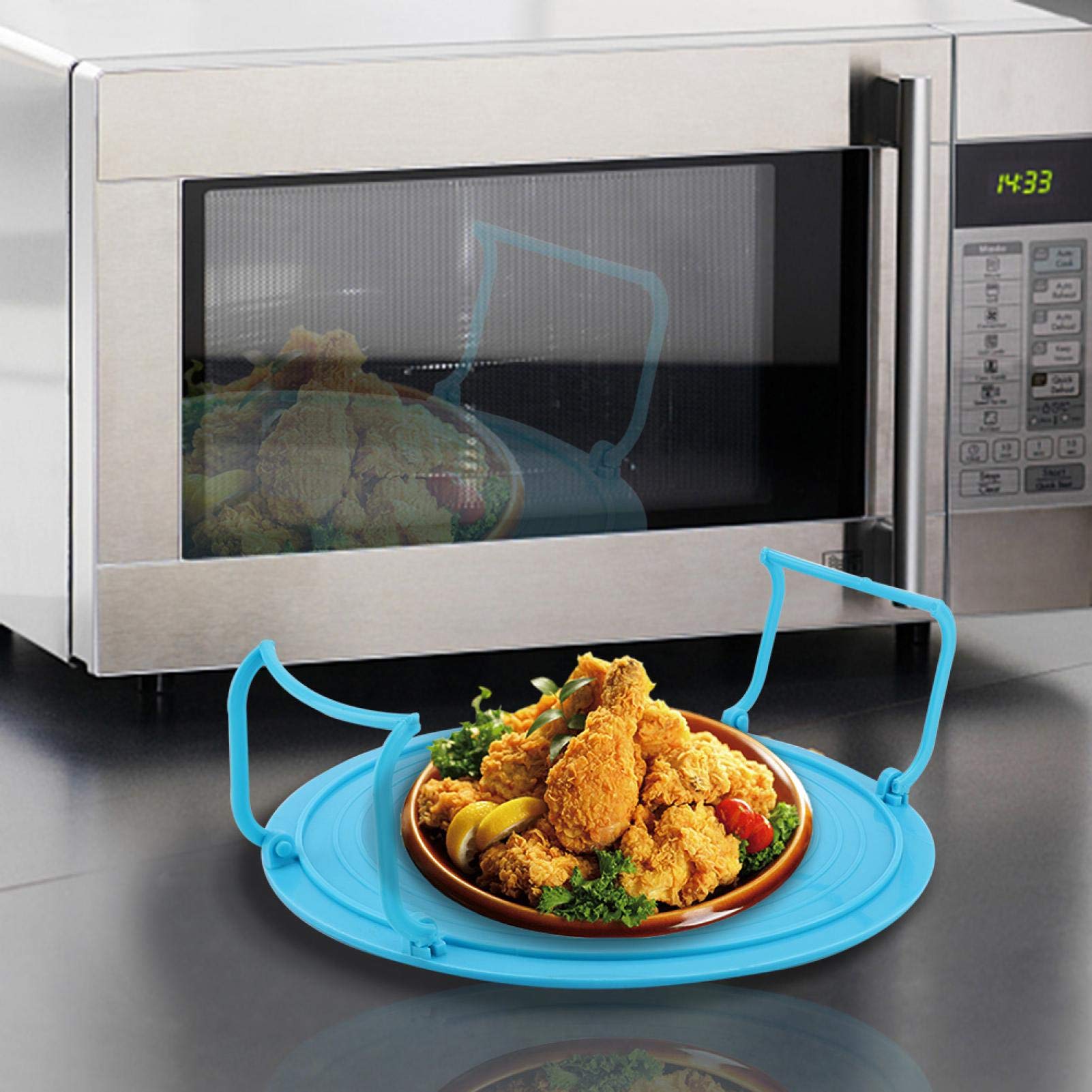 3-in-1 Microwave Plate Stacker & Food Splatter Cover with Foldable Handles - Plastic Microwave Plate Holder & Carrying Tray for Bowls and Plates | Space-Saving Kitchen Organizer for Microwave & Countertop Storage