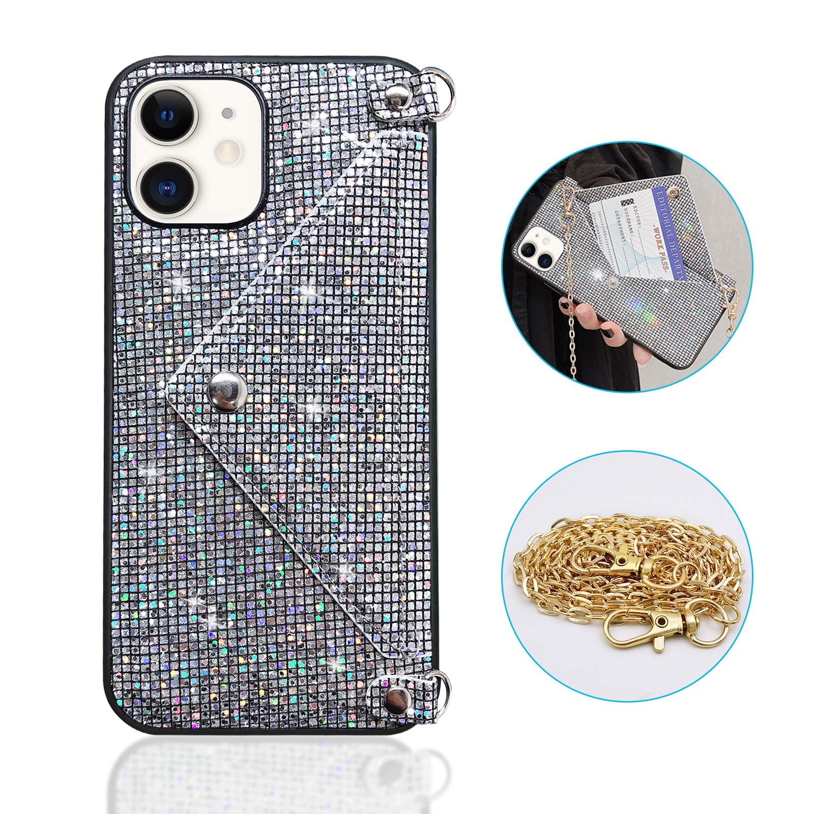 Sparkly Diamond Sequins iPhone 12 Case for Women - Glitter Bling Wallet Case with Credit Card Holder & Detachable Crossbody Chain - Hard PC Protective Back Cover with Stand Feature (Black) | Perfect for Parties, Dating & Everyday Fashion Accessory