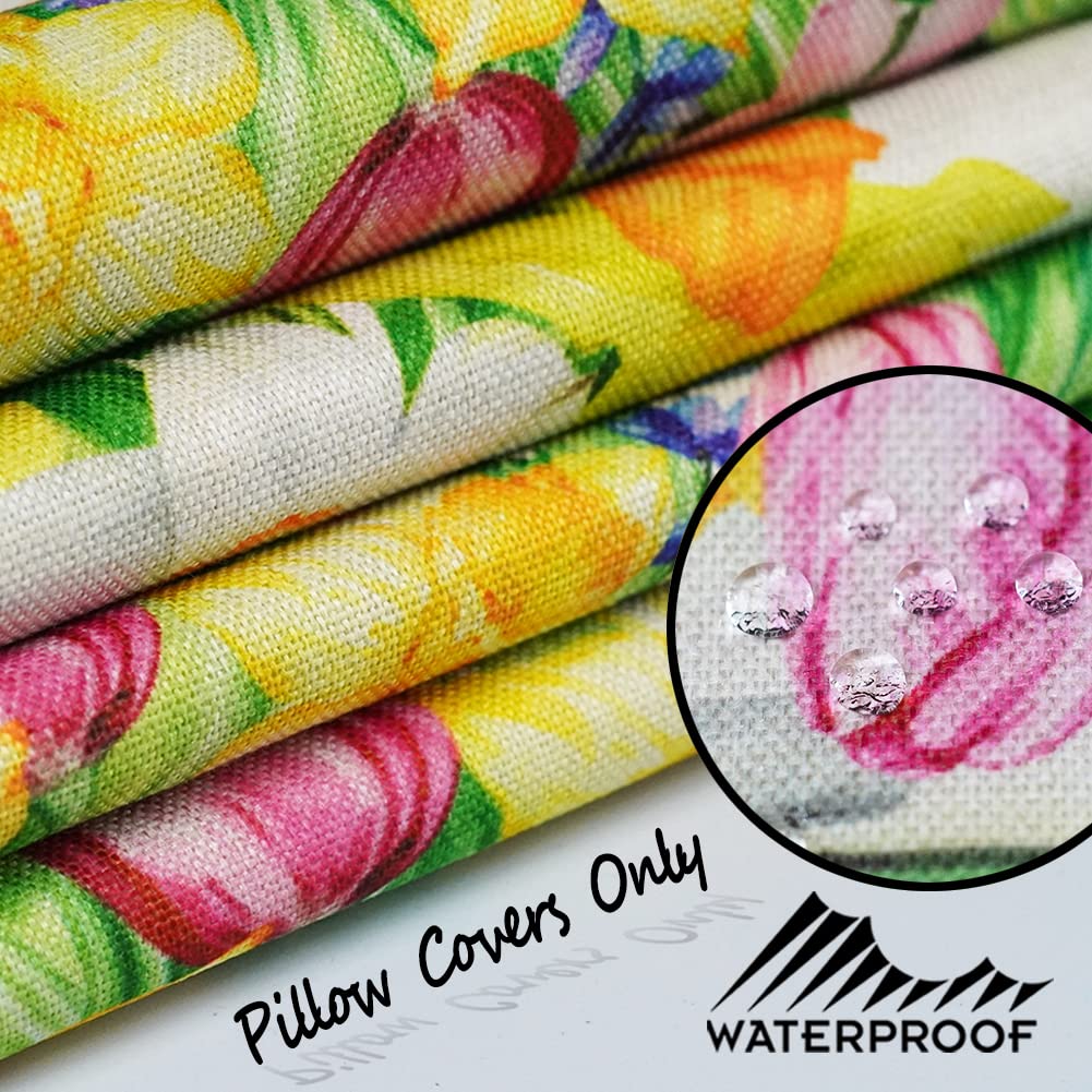JOJOGOGO Waterproof Outdoor Spring Pillow Covers 18x18 Inch Set of 4 - Easter Floral Decorative Cushion Covers for Patio Furniture, Garden, Porch & Seasonal Home Decor