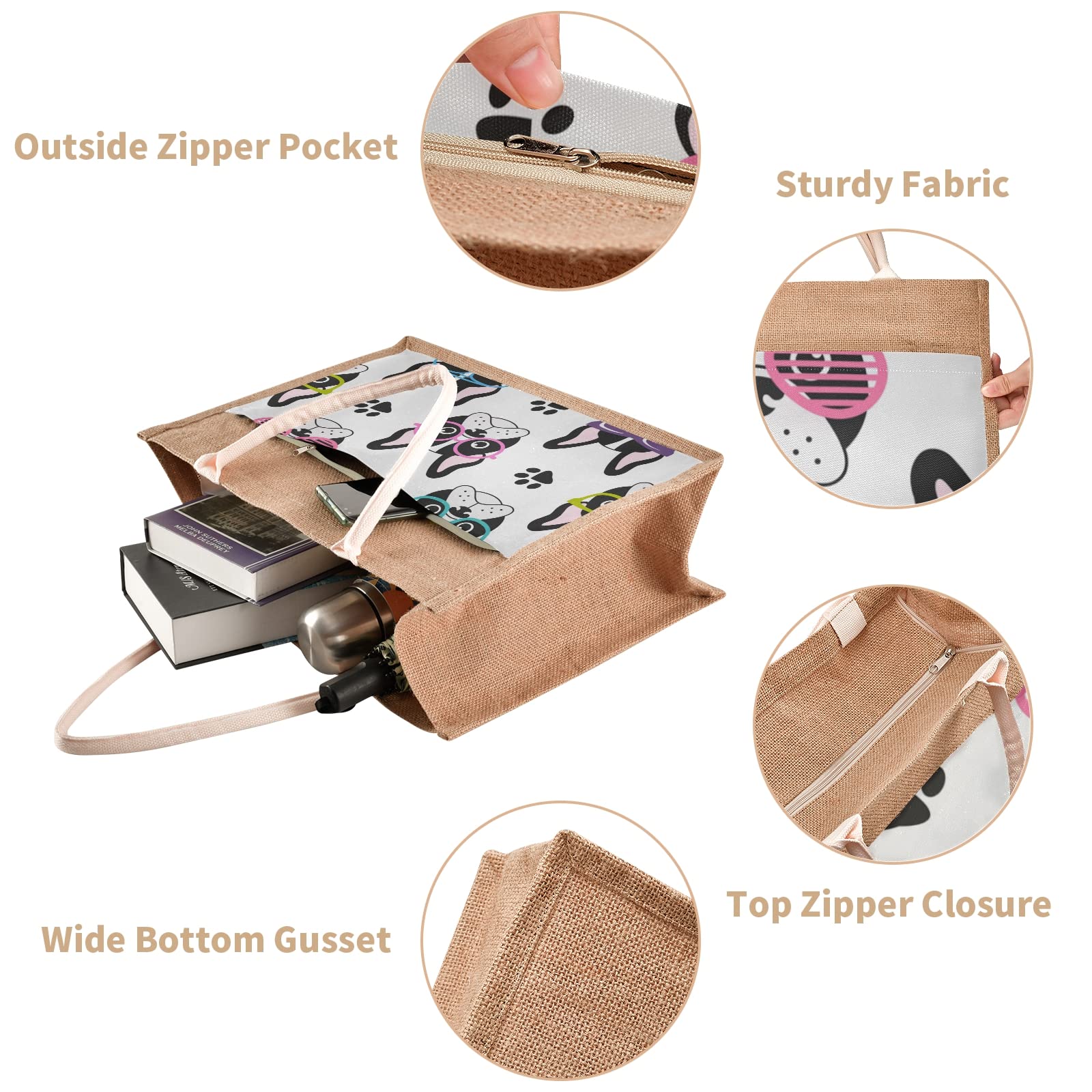 Stylish Sinestour French Bulldog Jute Tote Bag - Eco-Friendly Burlap Beach Bag with Handles for Shopping, Picnics & Summer Outings