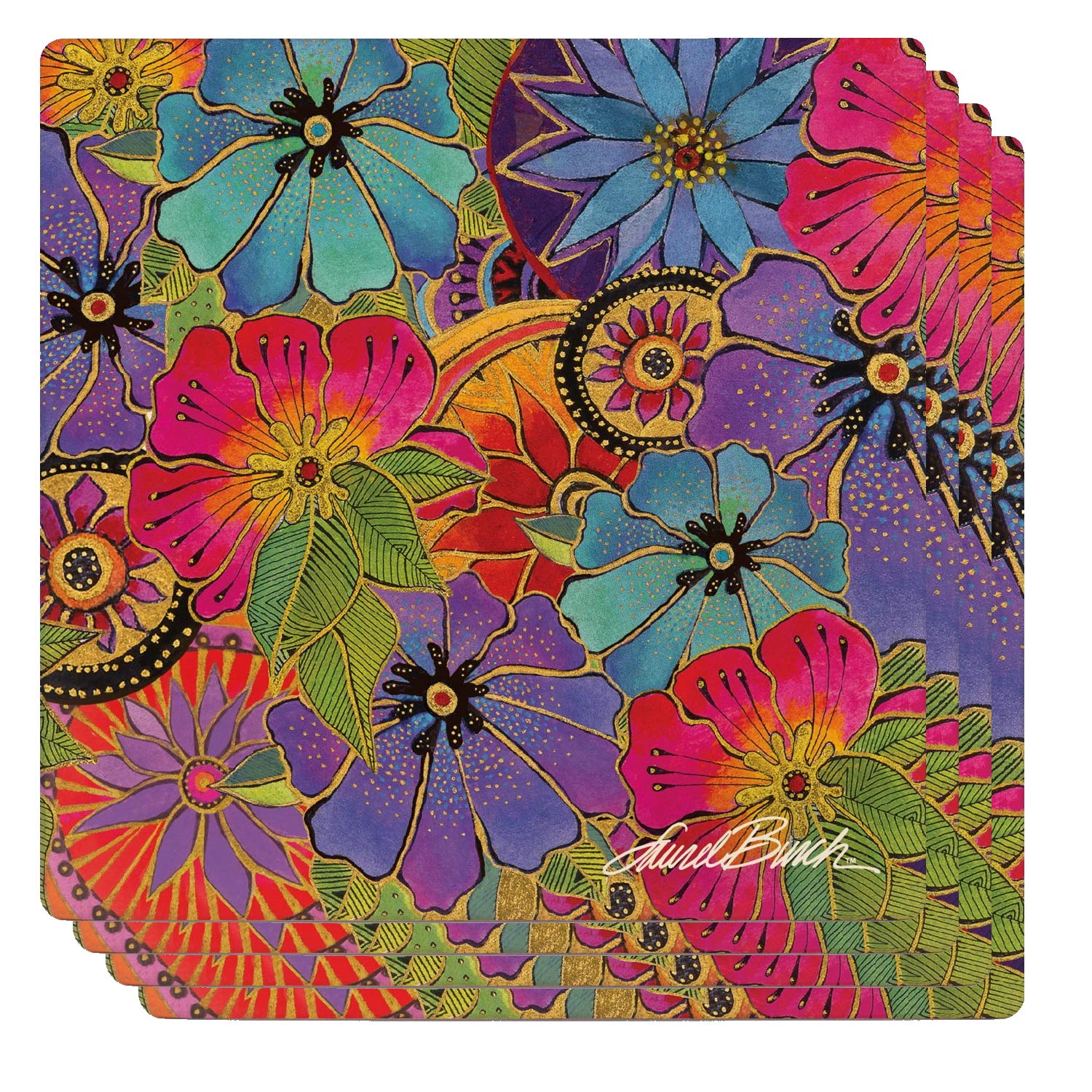 Monarque Ceramic Drink Coasters Set of 4 - Laurel Burch Blossoming Florals Design - Absorbent & Durable Coasters for Coffee, Wine, and Hot Beverages - Perfect for Home, Office, or Restaurant Use
