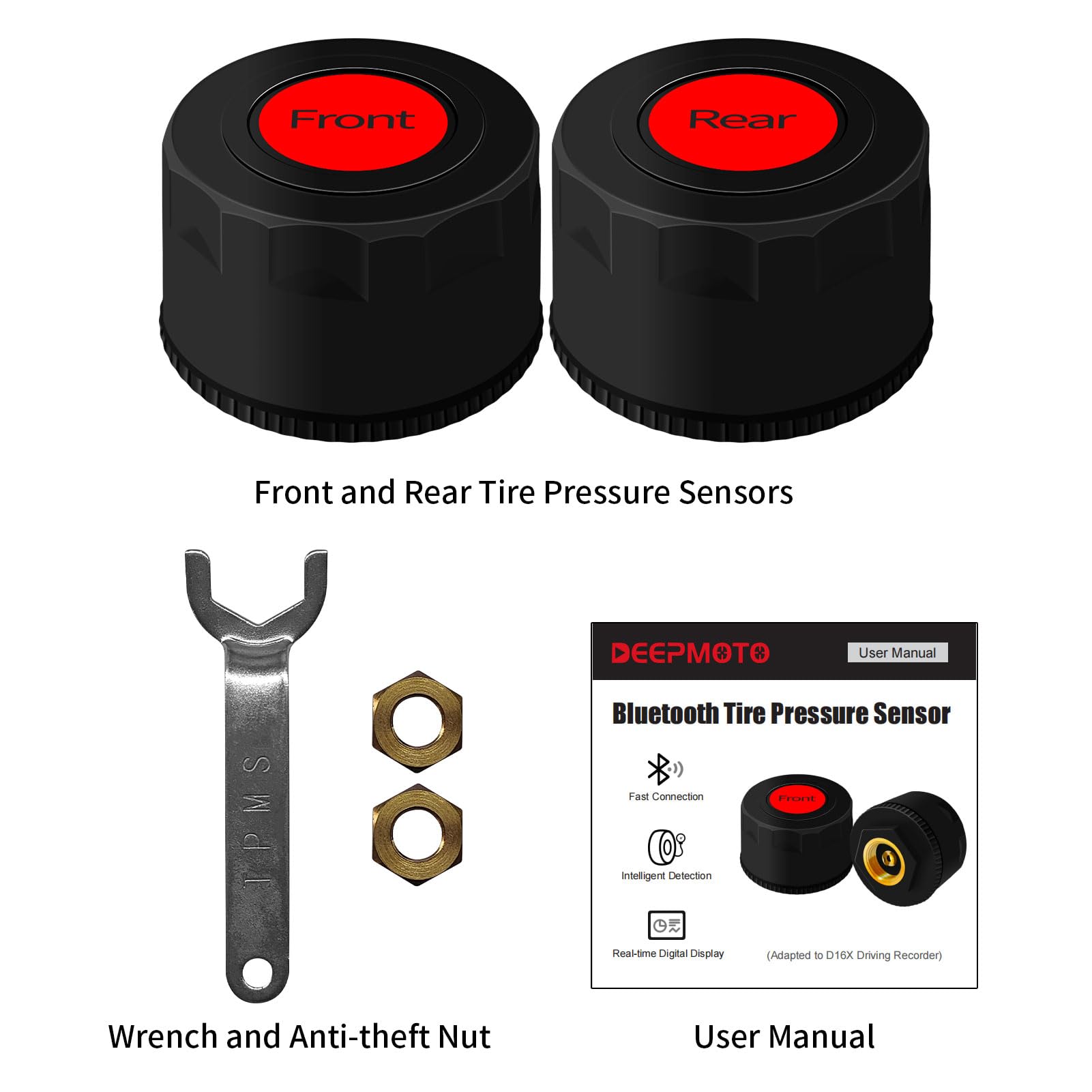 DeepMoto D16X Motorcycle Wireless Tire Pressure Sensor - Bluetooth TPMS with Real-Time Tire Temperature & Pressure Monitoring - Compatible with D16X Motorcycle Dash Cam - Perfect for Long Rides & Off-Road Adventures