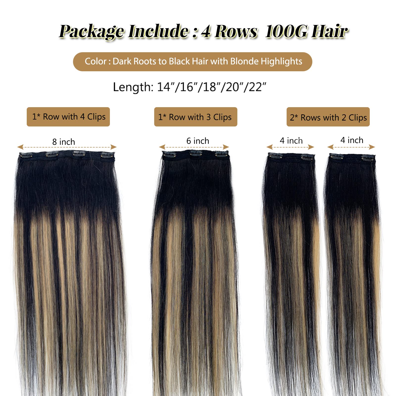 Licoville 4PCS Clip-in Human Hair Extensions 16 Inch - 100G Thick Straight Blonde Ombre Balayage (Black to Caramel Blonde) - Real Remy Hair for Thin Hair - Natural Look & Invisible Lace Clips - Perfect for Daily Wear, Parties & Special Occasions