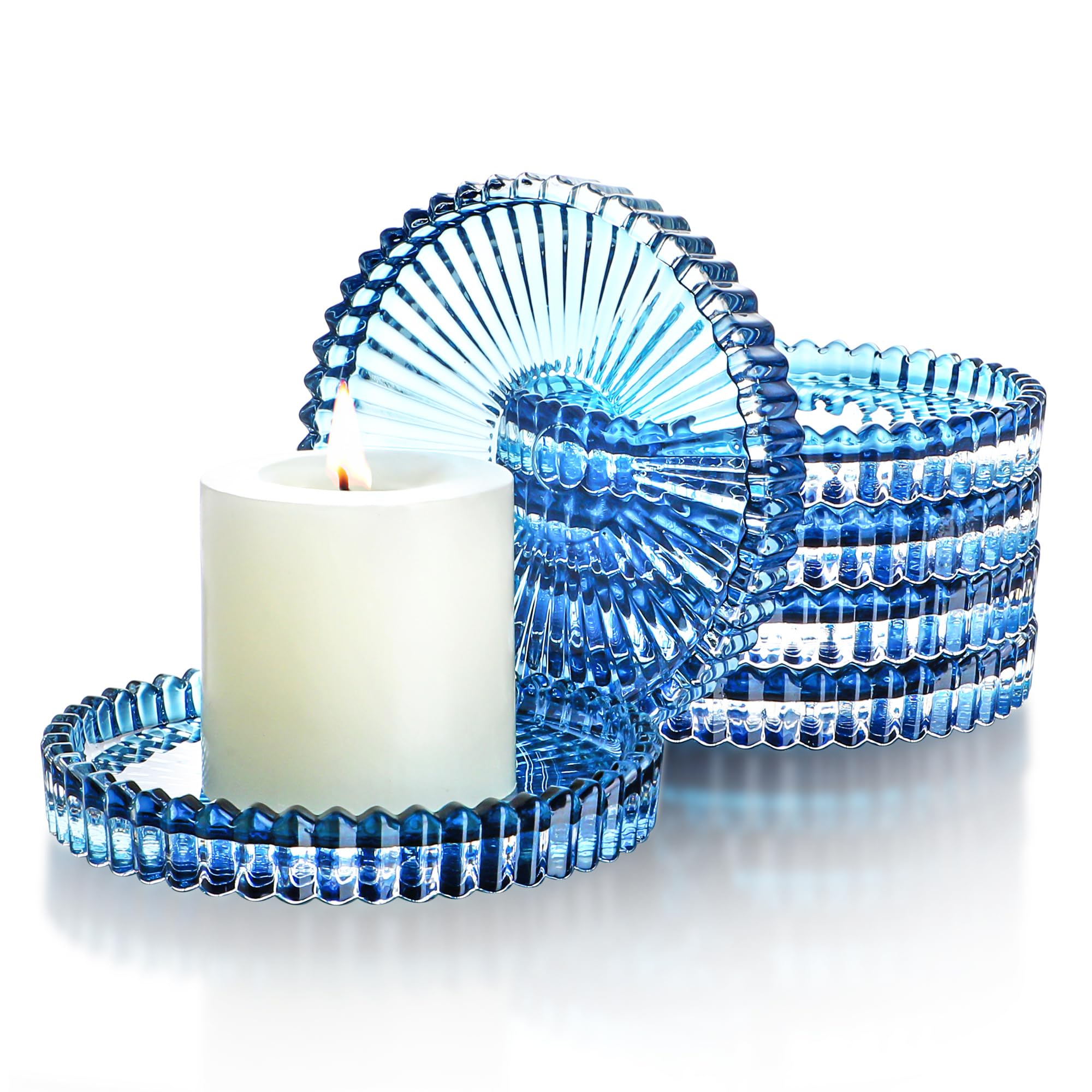 Kanpura Set of 6 Blue Glass Candle Holders - Elegant Pillar Candle Plates & Coasters for Home Decor, Wedding Centerpieces, Table Settings, and Romantic Ambiance