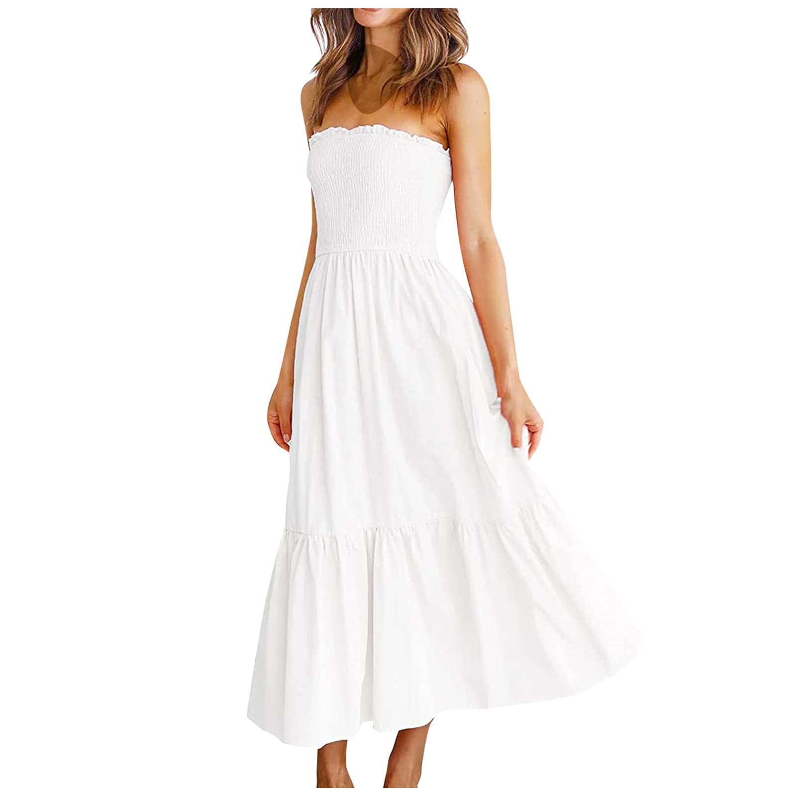 NIUQI Women's Strapless Bohemian Print Maxi Dress - Flowy Summer Beach Party Gown for Vacations, Weddings & Outdoor Events