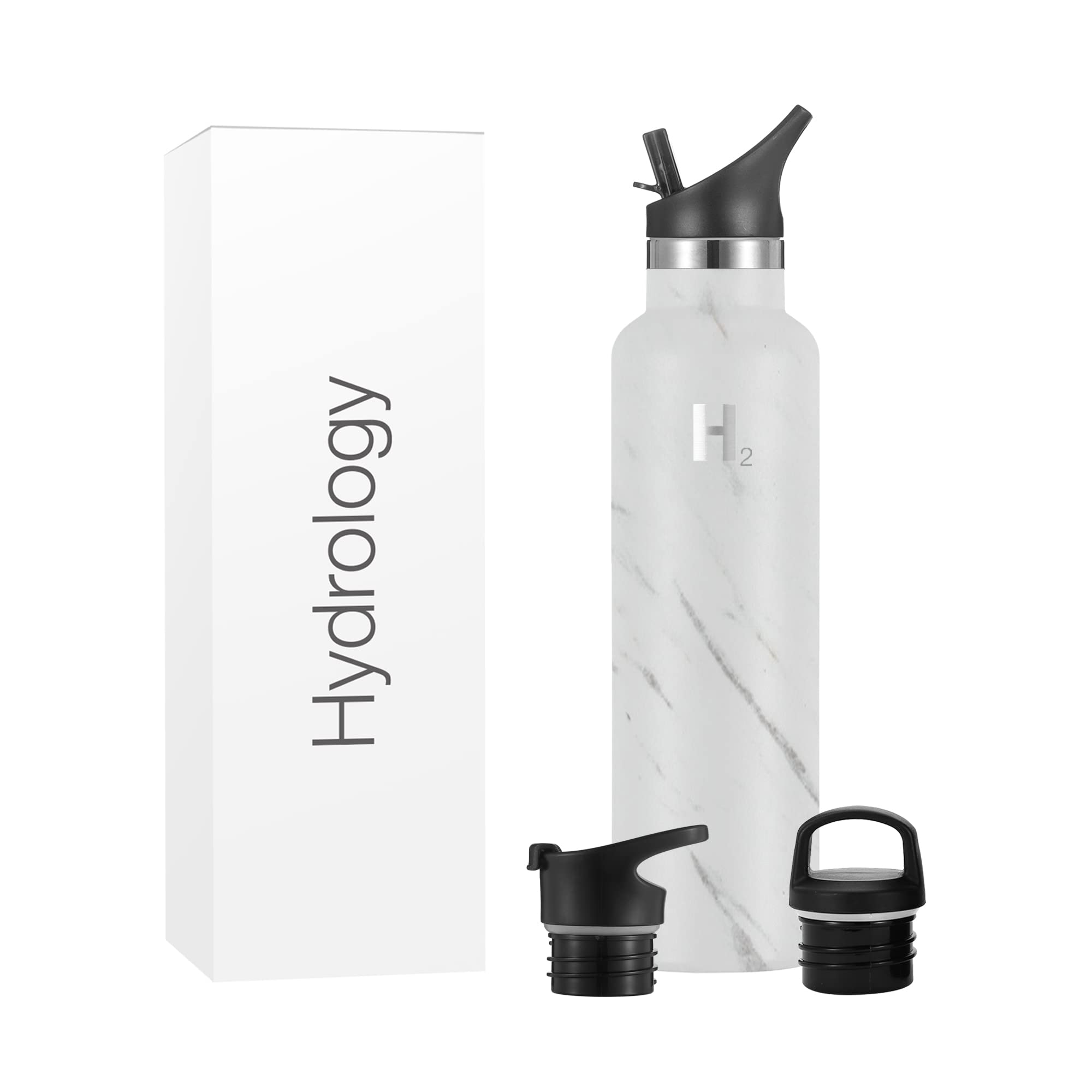 H2 Hydrology Narrow Mouth Stainless Steel Insulated Water Bottle - 24oz Vacuum Insulated Double Wall Metal Water Bottle for Hot & Cold Drinks - Comes with 3 Lids (Marble) - Perfect for Gym, Hiking, Office & Outdoor Activities