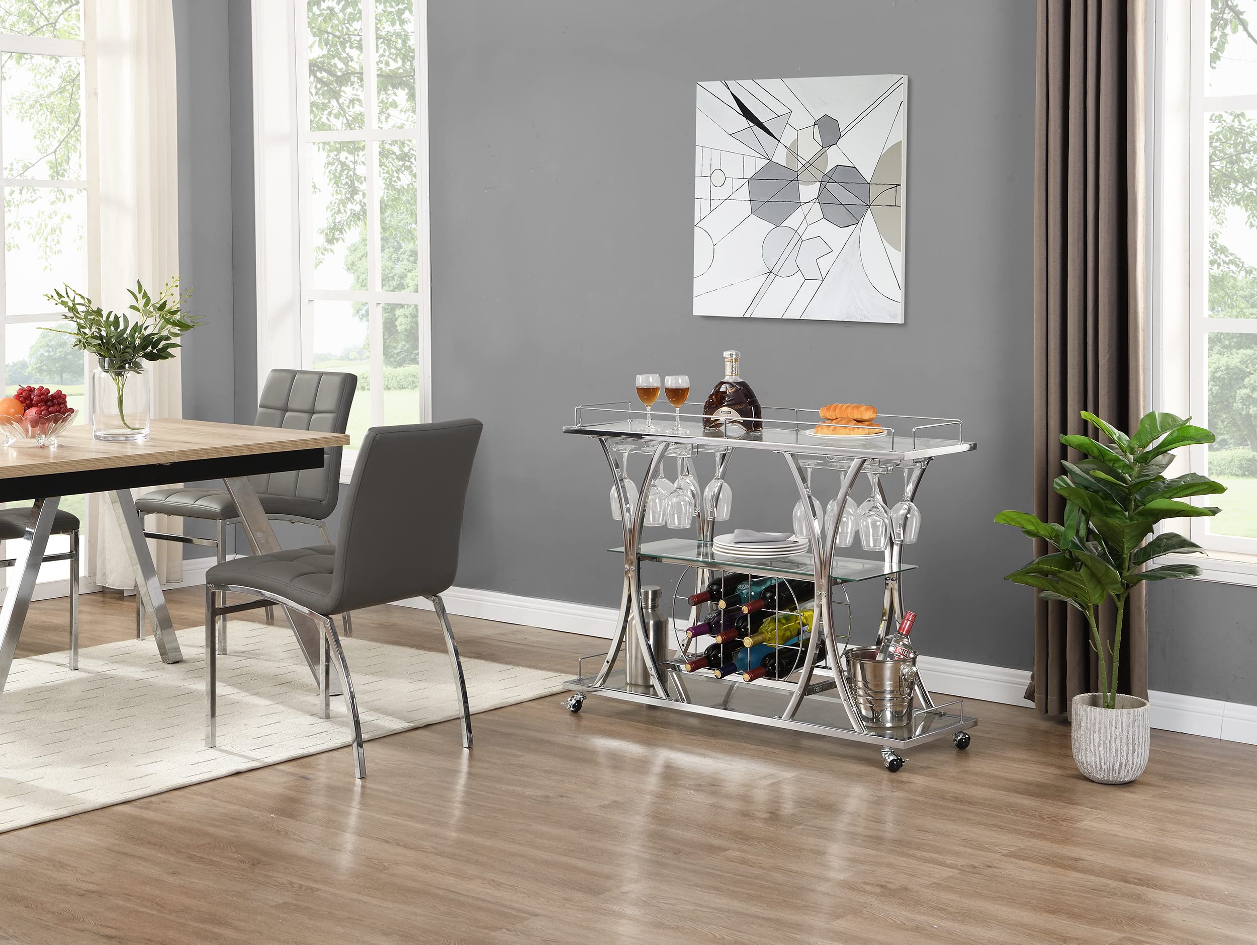 Yoluckea 3-Tier Glass Bar Cart with Wine Rack & Glass Holder - Tempered Glass Shelves, Lockable Wheels - Perfect for Home Bar, Kitchen Storage & Entertaining Guests
