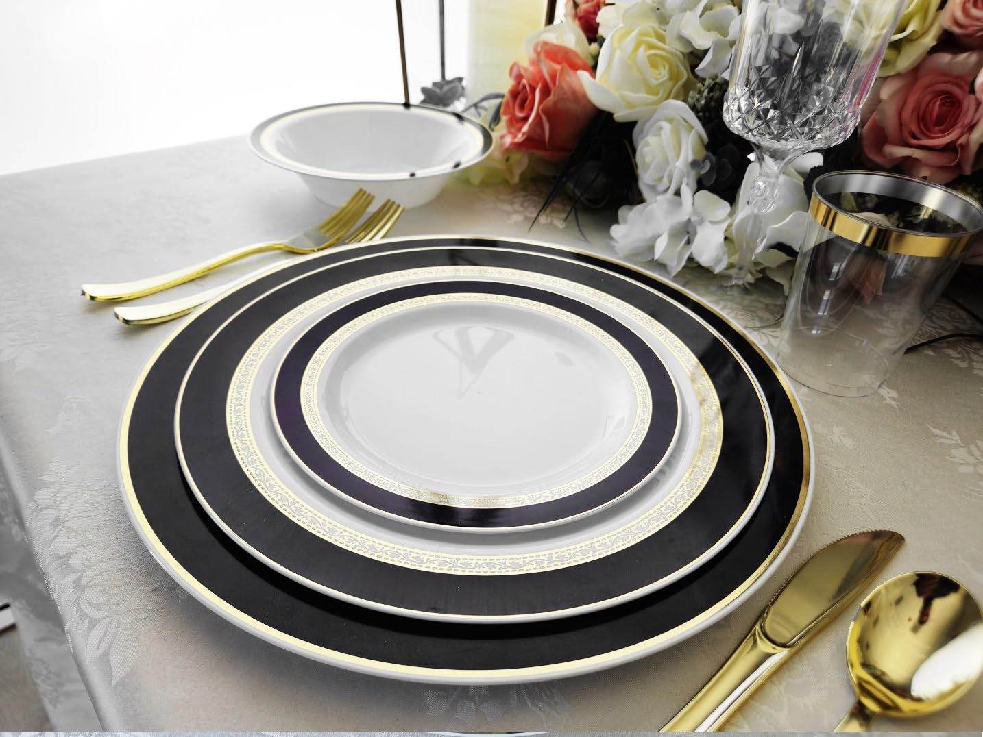 960-Piece Heavyweight Disposable Plastic Plate Set for Weddings & Parties - 120 x 10.5'' Dinner Plates + 120 x 7.5'' Dessert Plates + Silverware + Cups + Napkins (Ritz Black & Gold) - Elegant Tableware for Wedding Receptions, Bridal Showers & Special Events