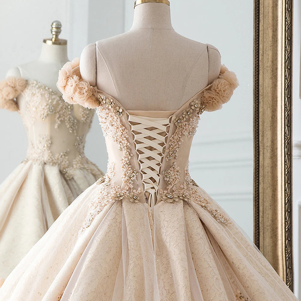 Luxury Handmade Tulle Ball Gown A-Line Wedding Dress with Floral Appliques - Perfect for Bridal, Prom, and Formal Occasions