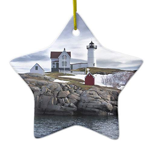 Nubble Cape Neddick Lighthouse Ceramic Ornament - York Maine Souvenir, Christmas Tree Decoration, Coastal Home Decor Gift for Collectors