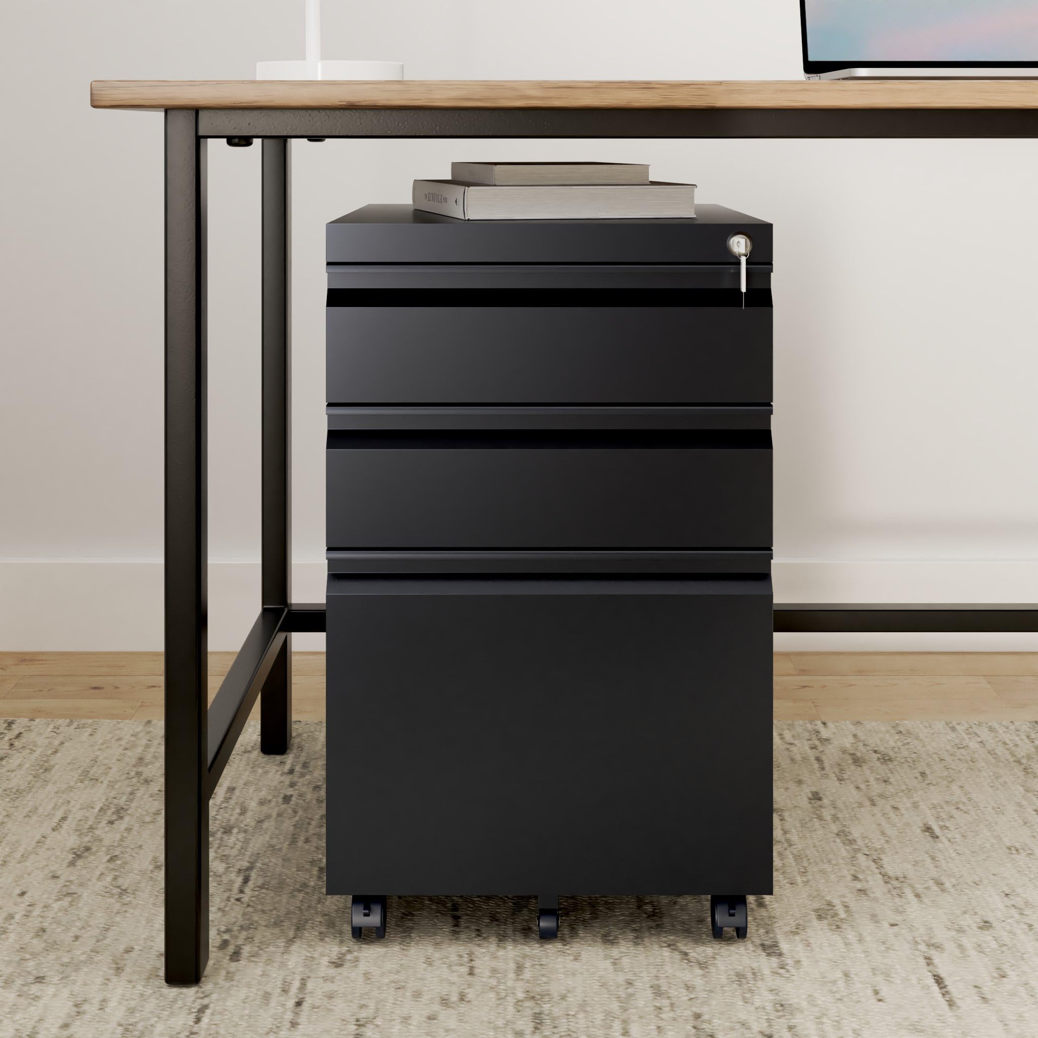 3 Drawer Vertical File Cabinet Black - Mobile Locking Storage for Legal & Letter Size Documents - Pre-Assembled Office File Cabinet with Wheels - Perfect for Under Desk Organization & Home Office Storage