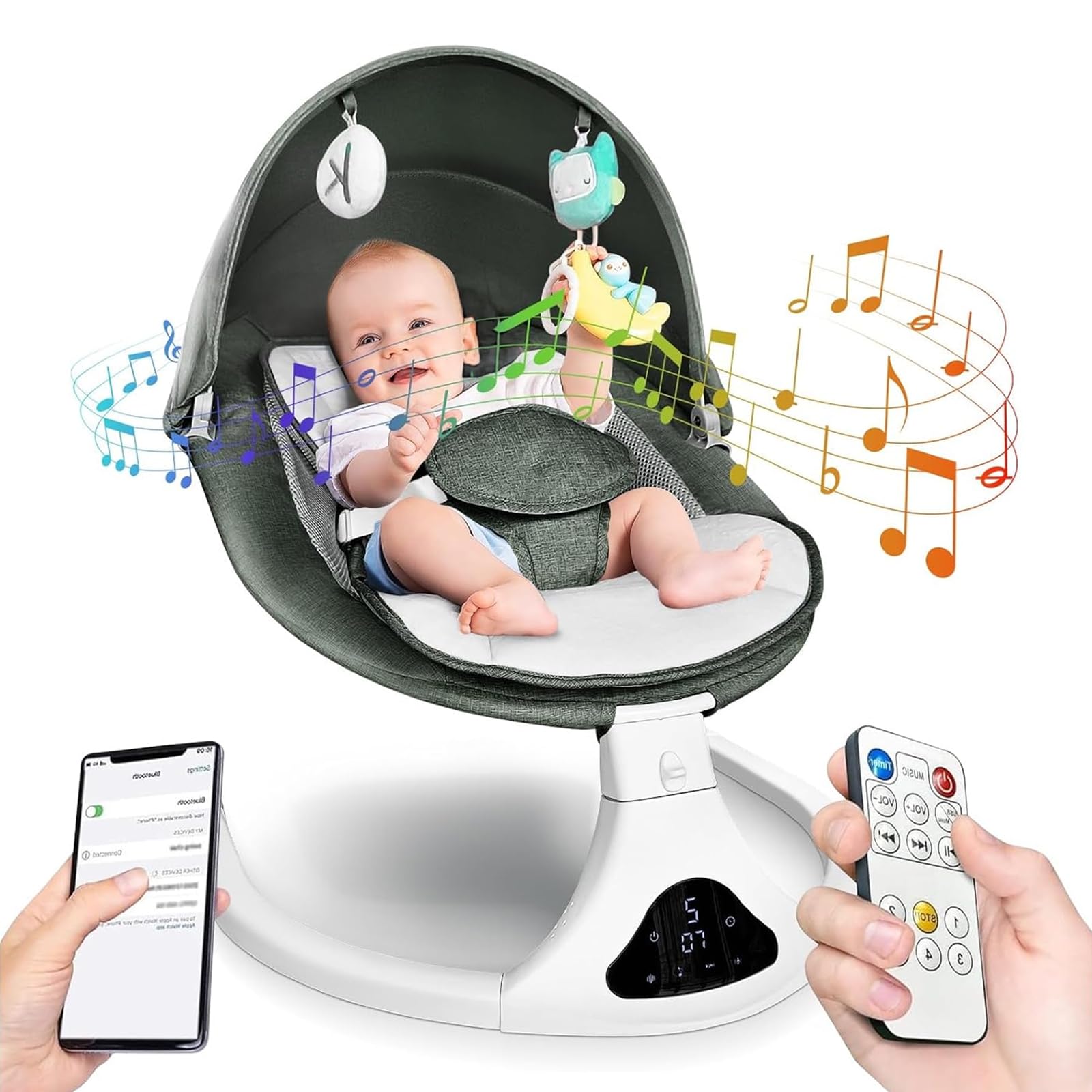 Portable Baby Swing for Infants to Toddlers - 5 Speed Adjustable Rocker with Remote Control, 3-Point Safety Harness & 3 Reclining Positions - Perfect for Nursery, Living Room or Travel (Green) | Ideal for Newborns, Baby Boys & Girls