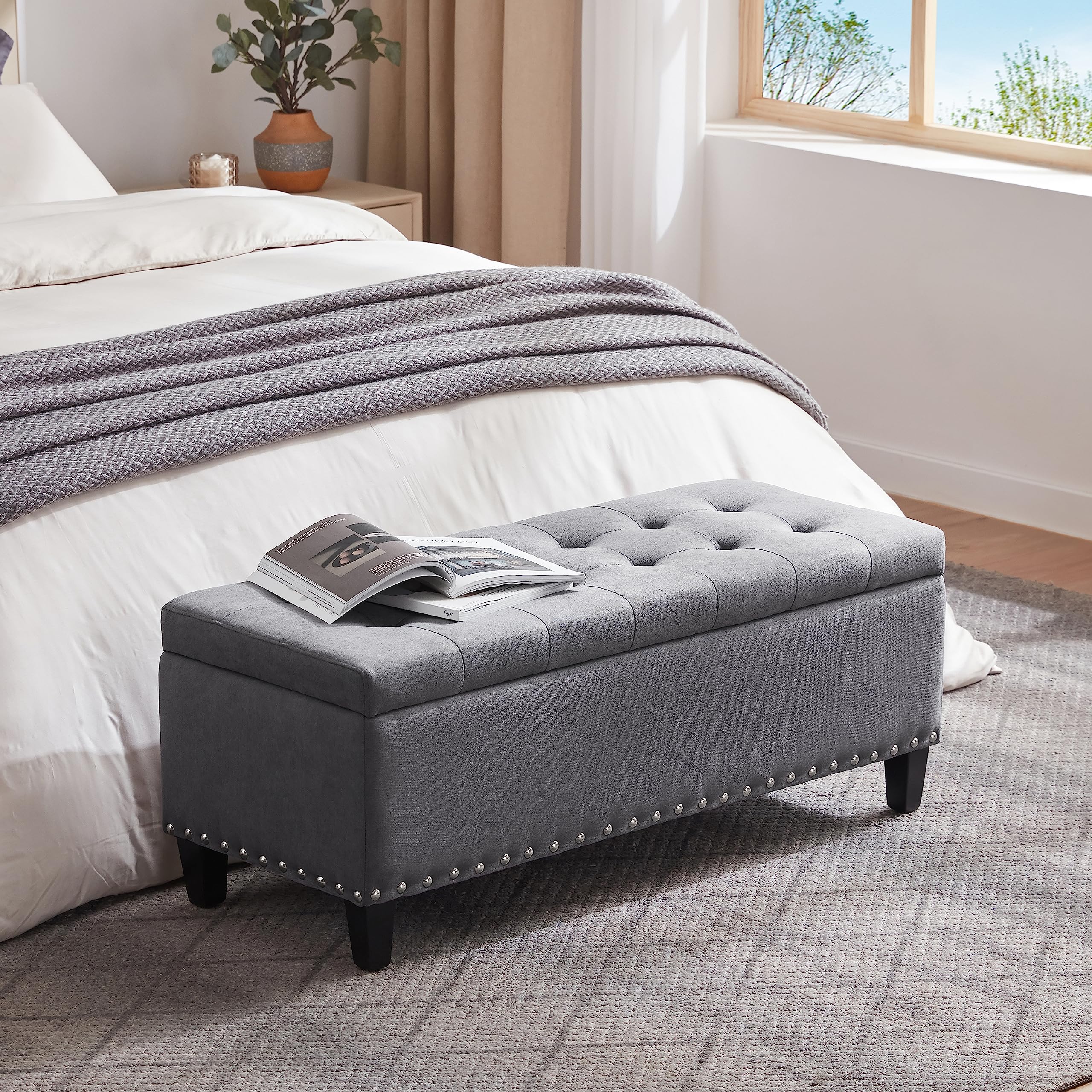 HUIMO 41-inch Upholstered Fabric Storage Ottoman Bench with Safety Hinge - Button-Tufted Design, Grey - Multi-Functional Footrest & Seat for Bedroom, Living Room, Entryway - Perfect as Bed End Bench, Coffee Table Alternative & Extra Storage Solution