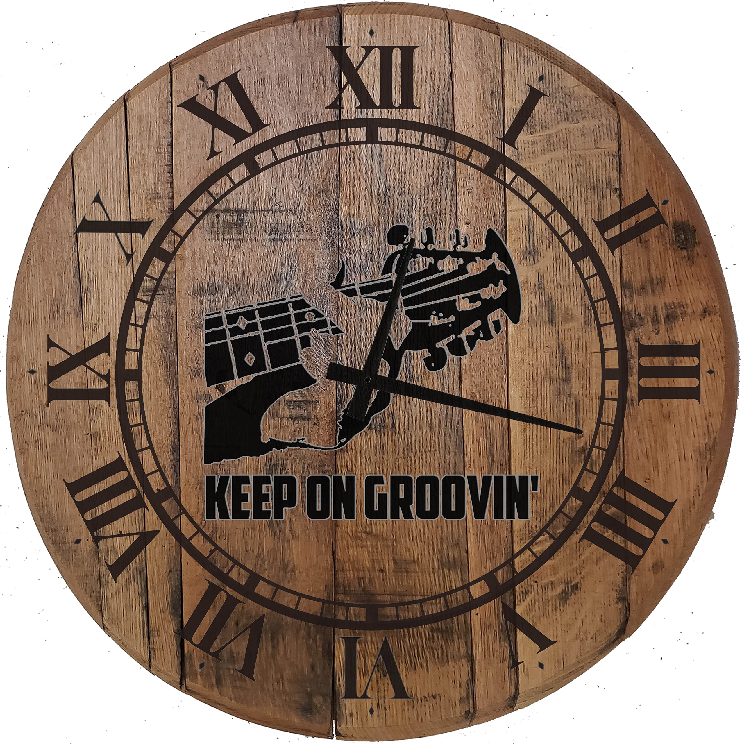 22 Inch Wood Wall Clock with Guitar Bass Strings & Whiskey Barrel Head - Music Themed Home Decor for Living Room, Bedroom, or Office