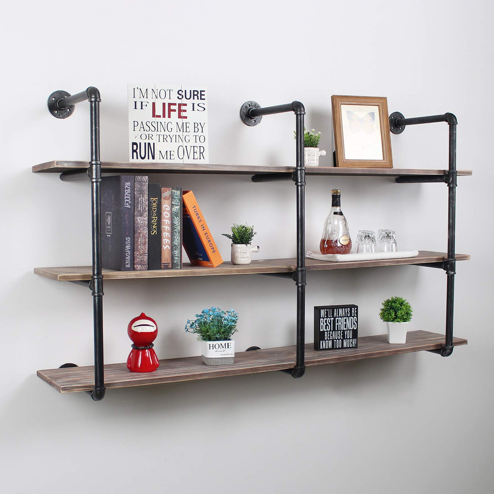 Industrial Pipe Floating Shelves - 3 Tier Wall Mount Bookshelf, 63 Inch Rustic Wall Shelves for Home & Office Storage | DIY Storage Shelving Unit in Black & Brushed Silver | Perfect for Living Room, Bedroom, Kitchen Organization & Decoration
