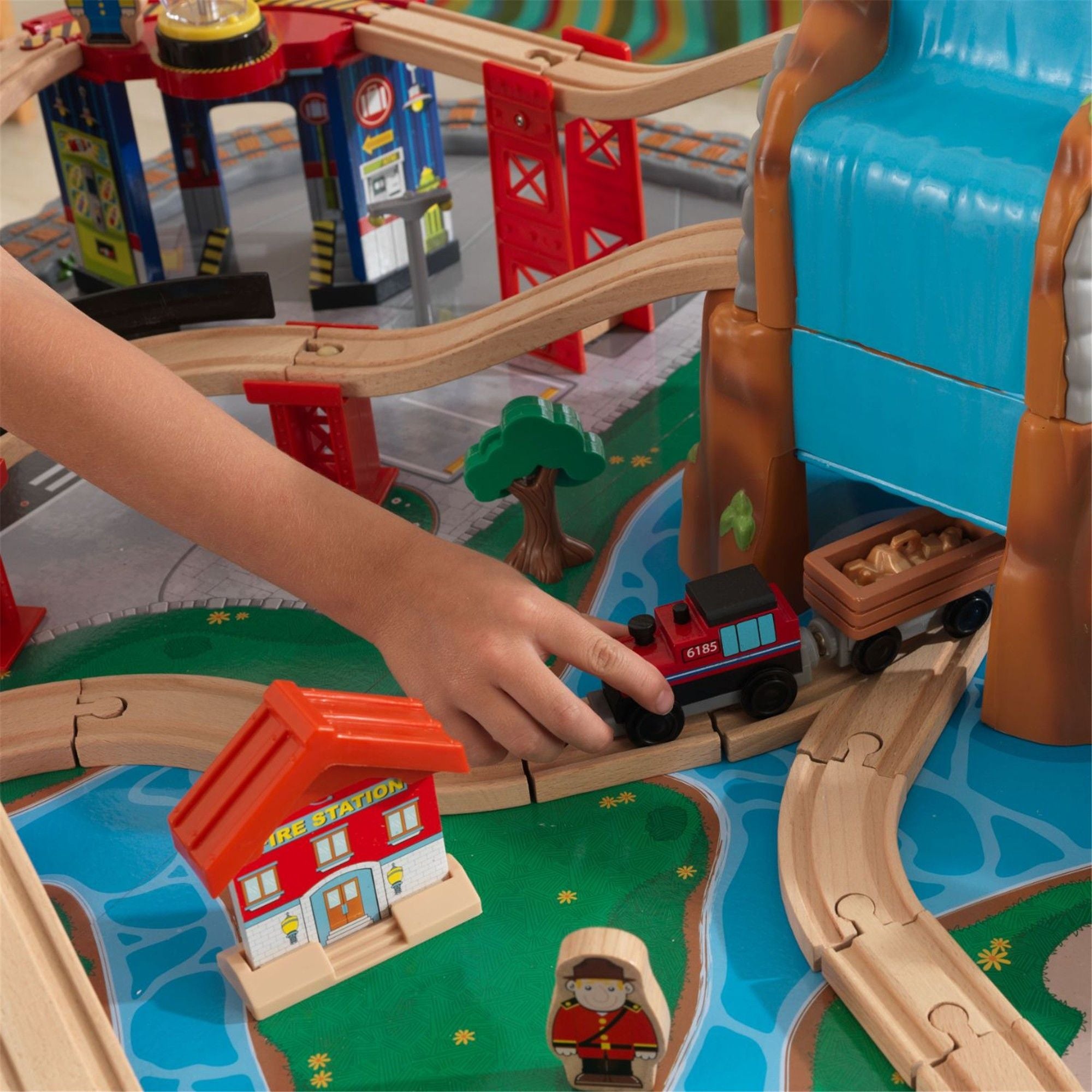 KidKraft Waterfall Junction Wooden Train Set with Table - Interactive Toy for Kids Ages 3+ | Perfect for Playrooms, Daycares & Birthday Gifts