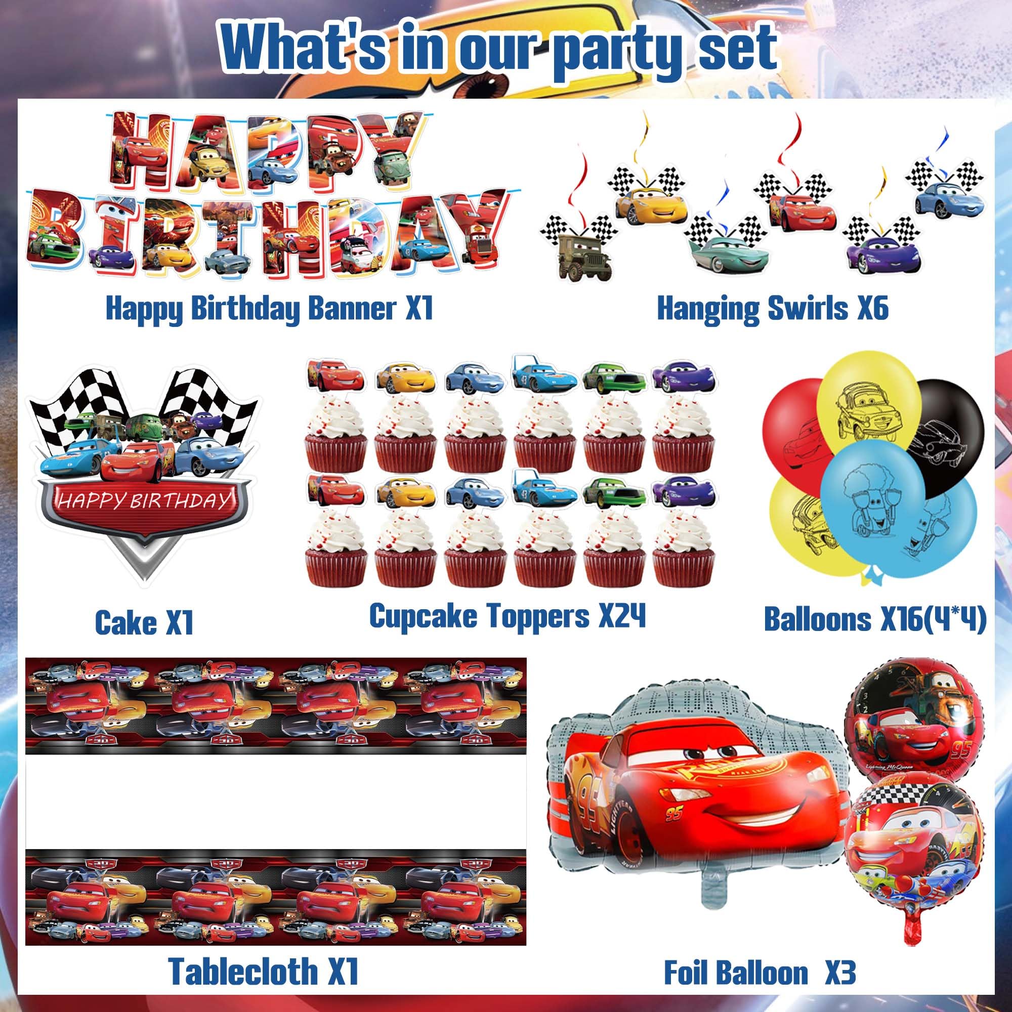Cars Themed Birthday Party Decorations Set - Banner, Balloons, Cupcake Toppers, Tablecloth & Hanging Swirls for Boys' Race Car Birthday Party Decor