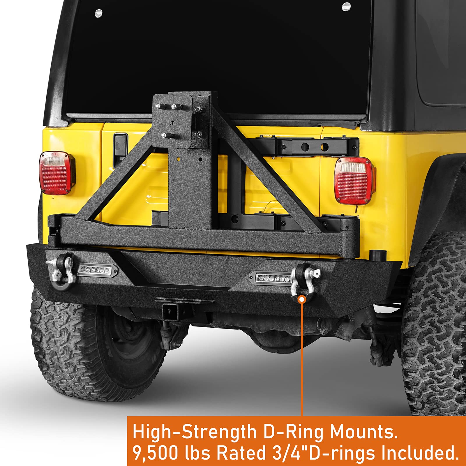 Hooke Road Wrangler TJ Front Winch Bumper & Rear Bumper with Tire Carrier Combo for Jeep Wrangler TJ 1997-2006 - Heavy Duty Steel Black Off-Road Bumper Set for Adventure & Trail Riding