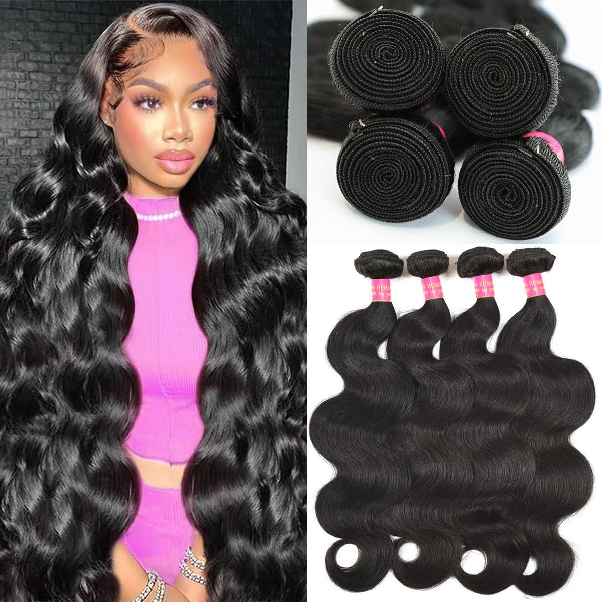 100% Unprocessed Brazilian Virgin Human Hair Bundles 14A Body Wave - 20 22 24 26 Inch (4 Bundles) - Natural Black Color for Hair Extensions & Styling - Perfect for Daily Wear, Parties & Special Occasions