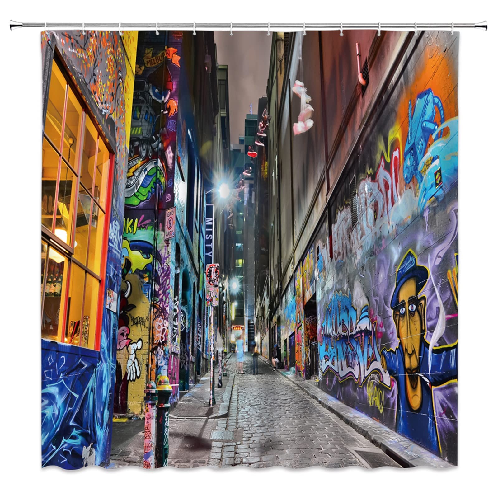 BST Colorful Graffiti Street Shower Curtain - Modern Abstract Graffiti Art, Hip Hop Vintage Style Bathroom Decor - Perfect for Urban Themed Bathrooms & Loft Apartments