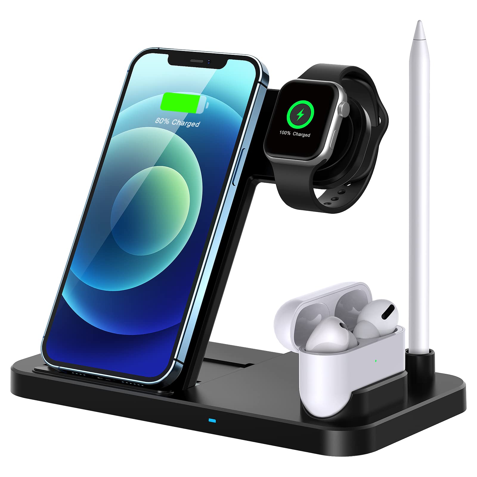 4-in-1 Fast Wireless Charging Station for iPhone 12/11/8/X & Samsung - Apple Watch & AirPods Pro Charger | Multi-Device Wireless Charging Stand for Home, Office & Nightstand Use