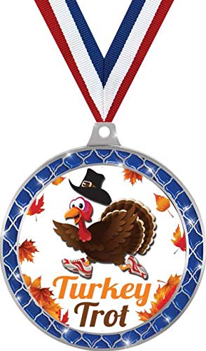 Turkey Trot Blue Trellis Medal Silver - 2.5 Inch Thanksgiving Race Prize for Kids - Award Trophy for Turkey Trot Events & Thanksgiving Day Activities