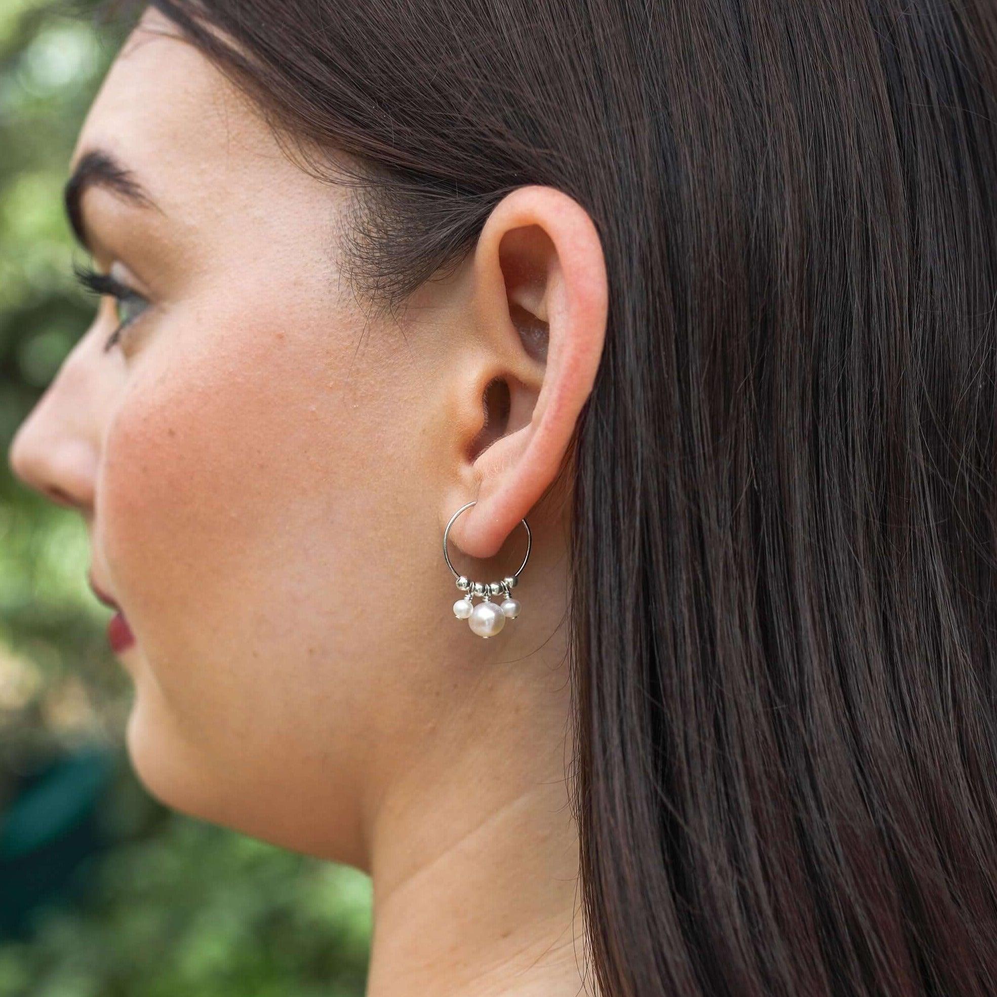 Elegant White Freshwater Pearl Drop Hoop Earrings - Genuine Gemstone Beaded Jewelry for Women | Perfect for Weddings, Parties & Everyday Wear