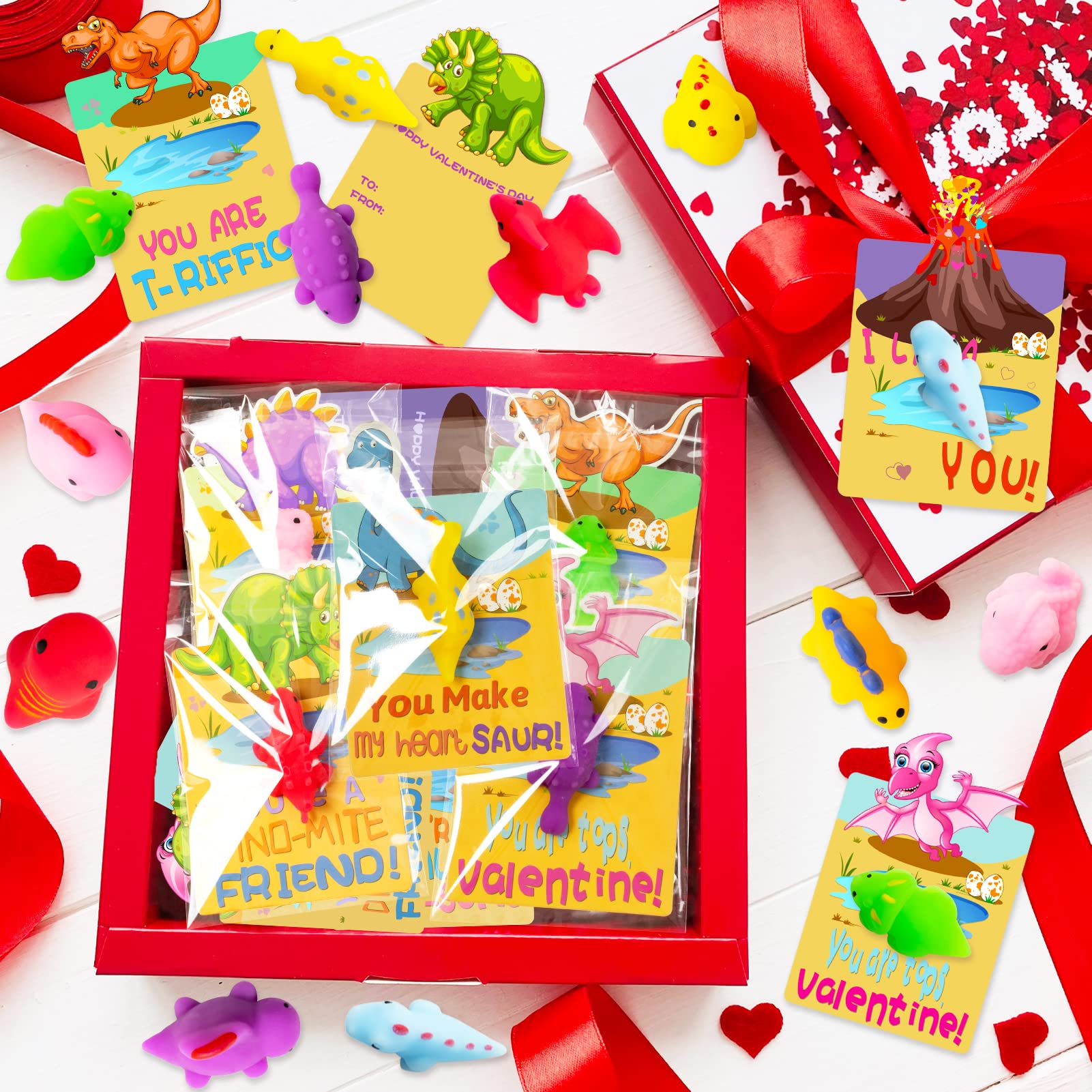 Valentine's Day Cards with Dinosaur Mochi Squishy Toys - 36pcs Classroom Exchange Gifts for Kids | School Party Favors, Valentine's Party Supplies, Classroom Activities & Friendship Gifts