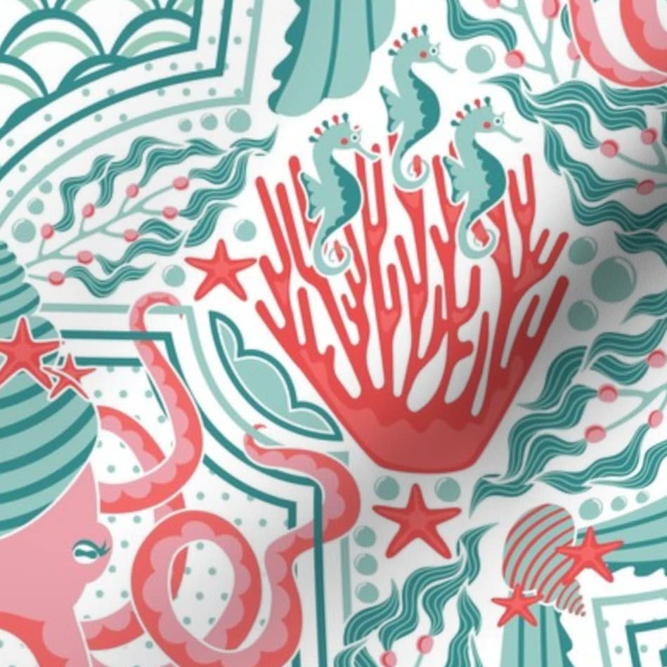 Eat Kelp Large Pink Teal Red Retro Beach Damask Seaweed Printed Minky Fabric by The Yard - Soft Plush Material for Sewing Baby Blankets, Quilt Backing & DIY Projects - Perfect for Nursery Decor, Coastal Themed Bedding & Beach House Accessories