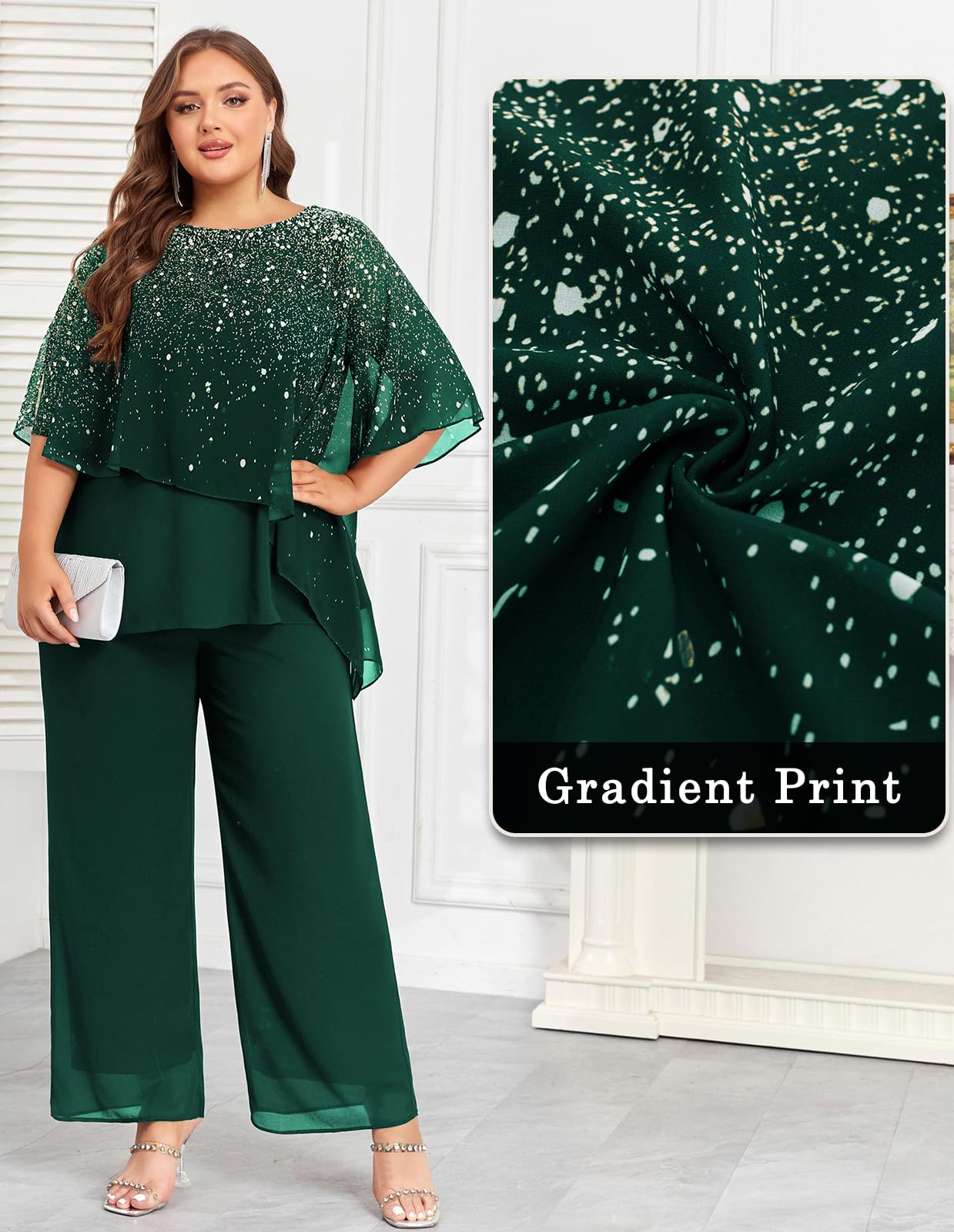 Hanna Nikole 2024 Plus Size Mother of Bride Pant Suits - 2 Piece Ruffle Chiffon Set with Gradient Print for Wedding Guest Outfit - Perfect for Formal Events, Receptions & Special Occasions