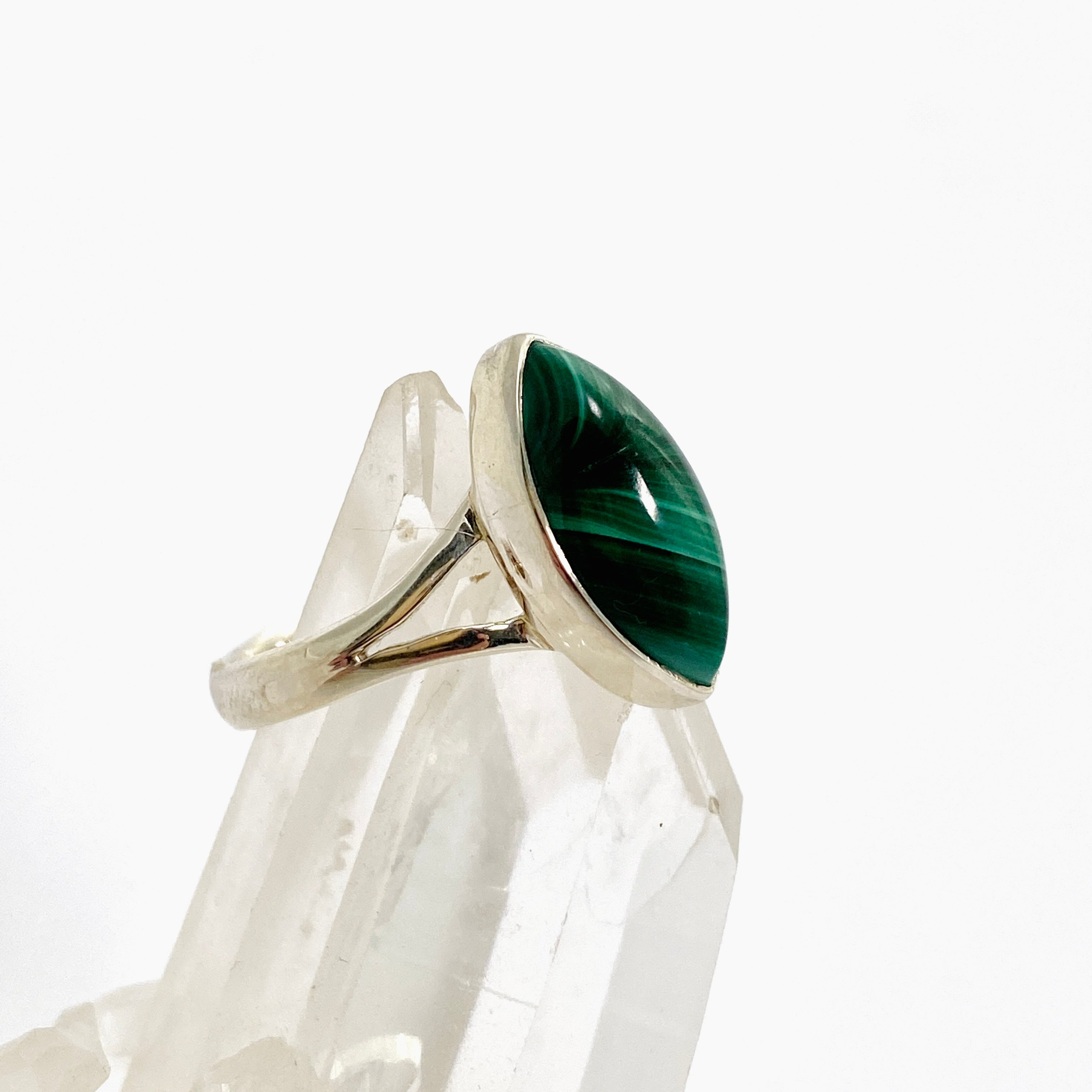 Natural Malachite Marquise Cabochon Split Band Ring - Size 9 - KRGJ3370 - Elegant Green Stone Jewelry for Women, Perfect for Weddings, Parties & Special Occasions