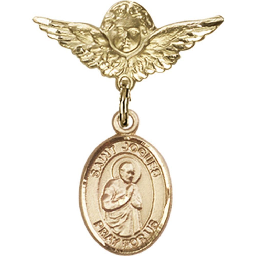 Gold Filled Baby Badge with St. Isaac Jogues Charm & Angel Wing Pin - 1 X 3/4 Inch Religious Jewelry for Baptism, Christening & First Communion Gifts