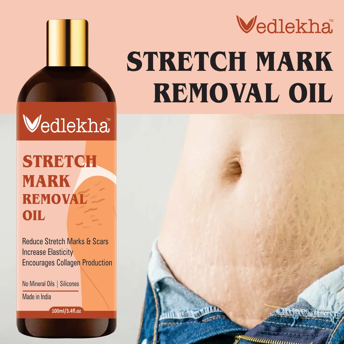 Vedlekha Pregnancy Stretch Mark Oil - 7-in-1 Natural Bio Oil for Belly & Skin Elasticity | Clinically Proven, Toxin-Free, Mineral Oil Free (100ml) | Perfect for Prenatal Care & Postpartum Skin Recovery