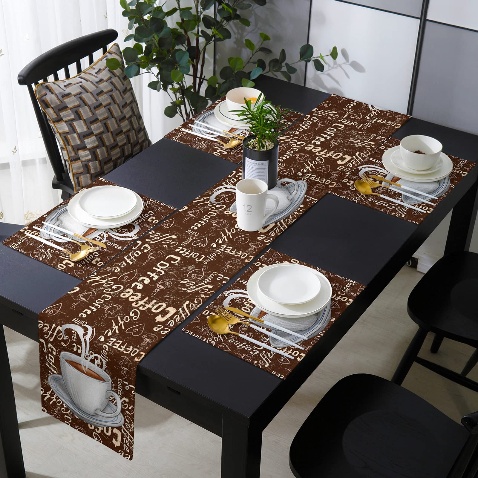 Handmade Burlap Placemats Set with Matching Table Runner - 6pcs Vintage Farmhouse Coffee Sugar Brown Table Mats for Rustic Kitchen, Dining Room Decor - Perfect for Thanksgiving, Christmas Party & Holiday Home Decoration