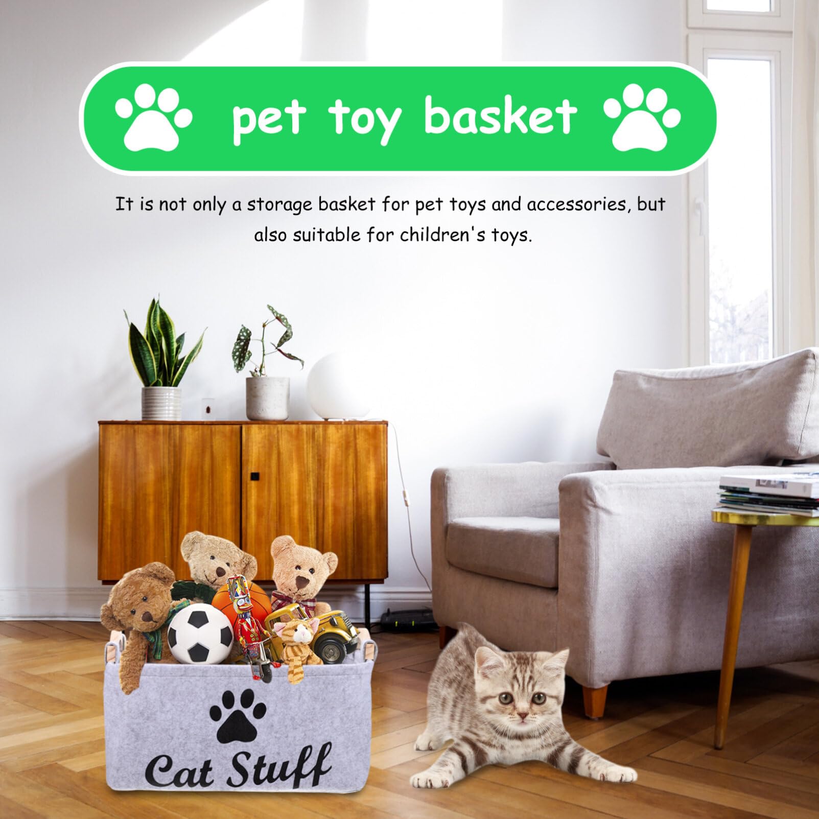 POPETPOP Cat Toy Storage Basket with Handle - Collapsible Organizer Box for Cat Toys, Apparel & Accessories (Grey) - Perfect for Pet Playroom, Living Room & Bedroom Organization